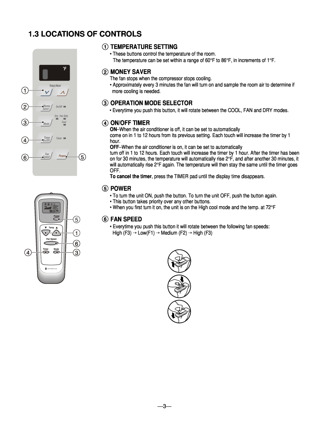 Friedrich CP05N10A 1.3LOCATIONS OF CONTROLS, 1TEMPERATURE SETTING, 2MONEY SAVER, Operation Mode Selector, 4 ON/OFF TIMER 