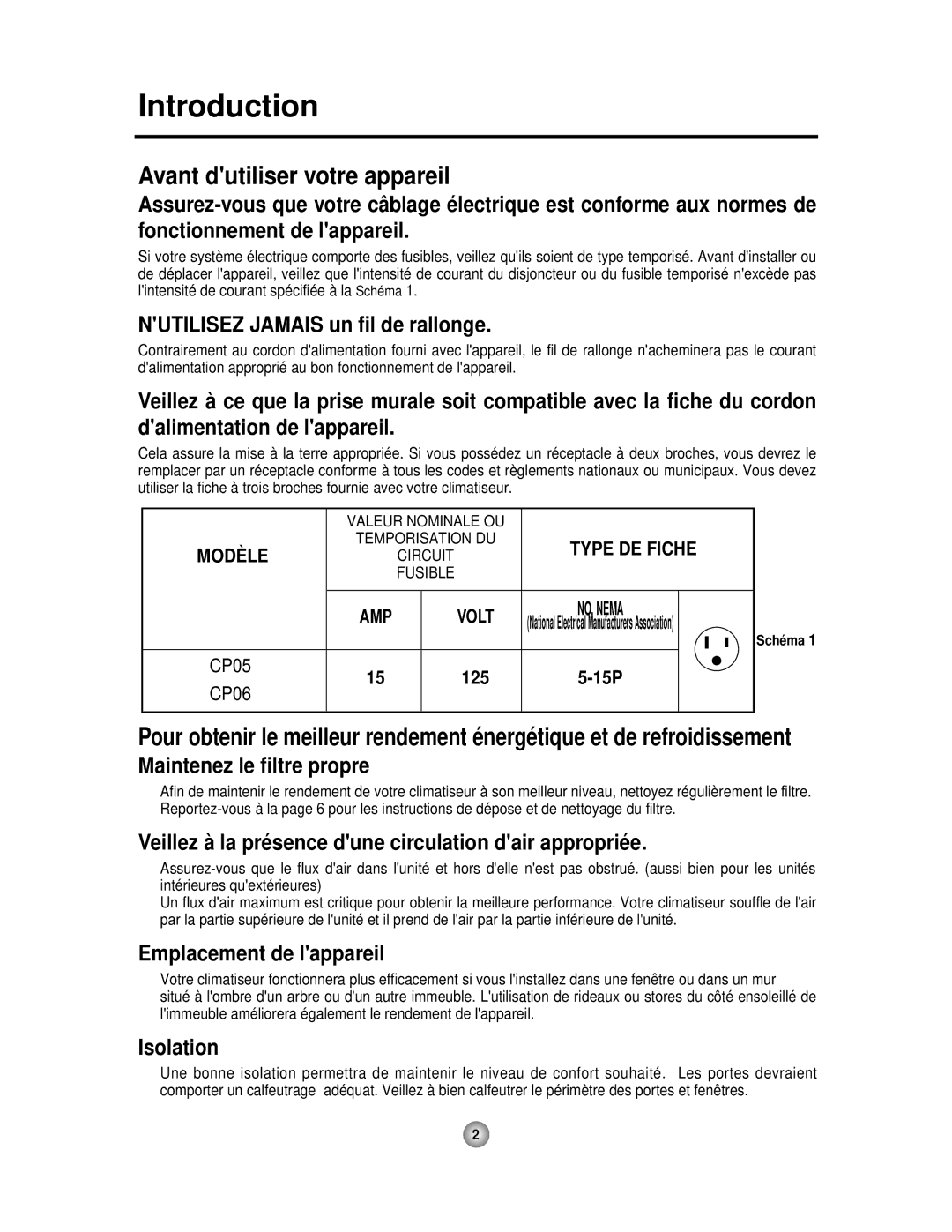 Friedrich CP06 manual Avant dutiliser votre appareil, Nutilisez Jamais un fil de rallonge 