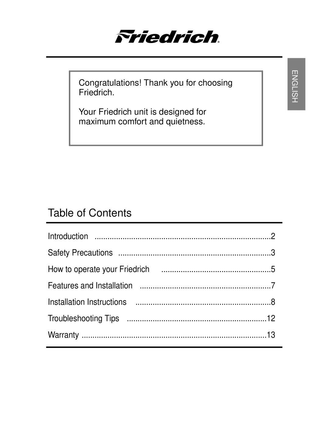 Friedrich CP06 manual Table of Contents 