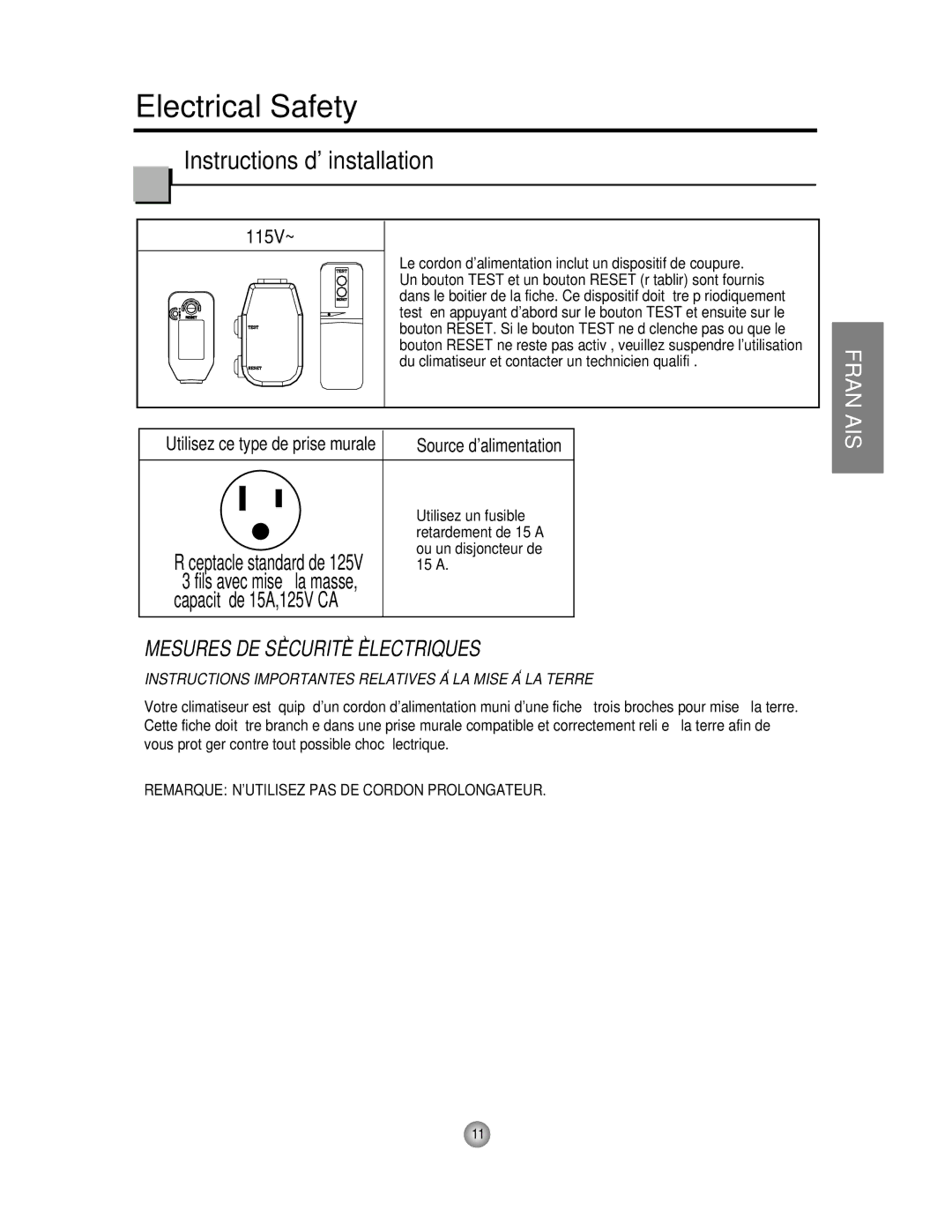 Friedrich CP06 manual Instructions d installation, 115V~ 