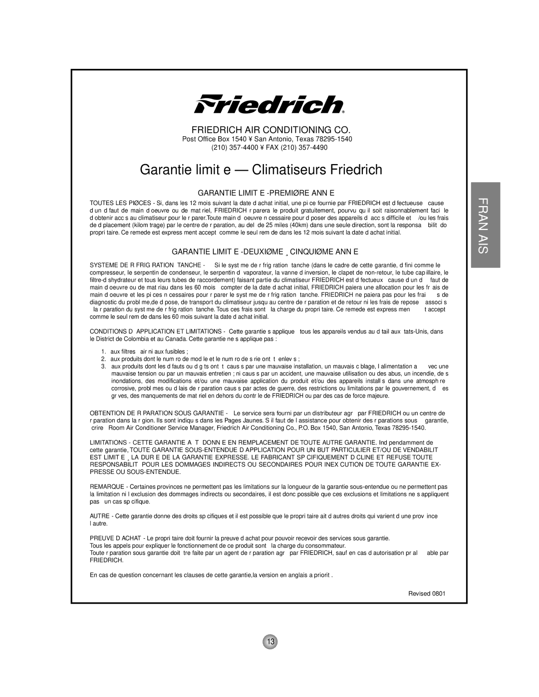 Friedrich CP06 manual Garantie limitée Climatiseurs Friedrich, Garantie Limitée -PREMIÈRE Année 