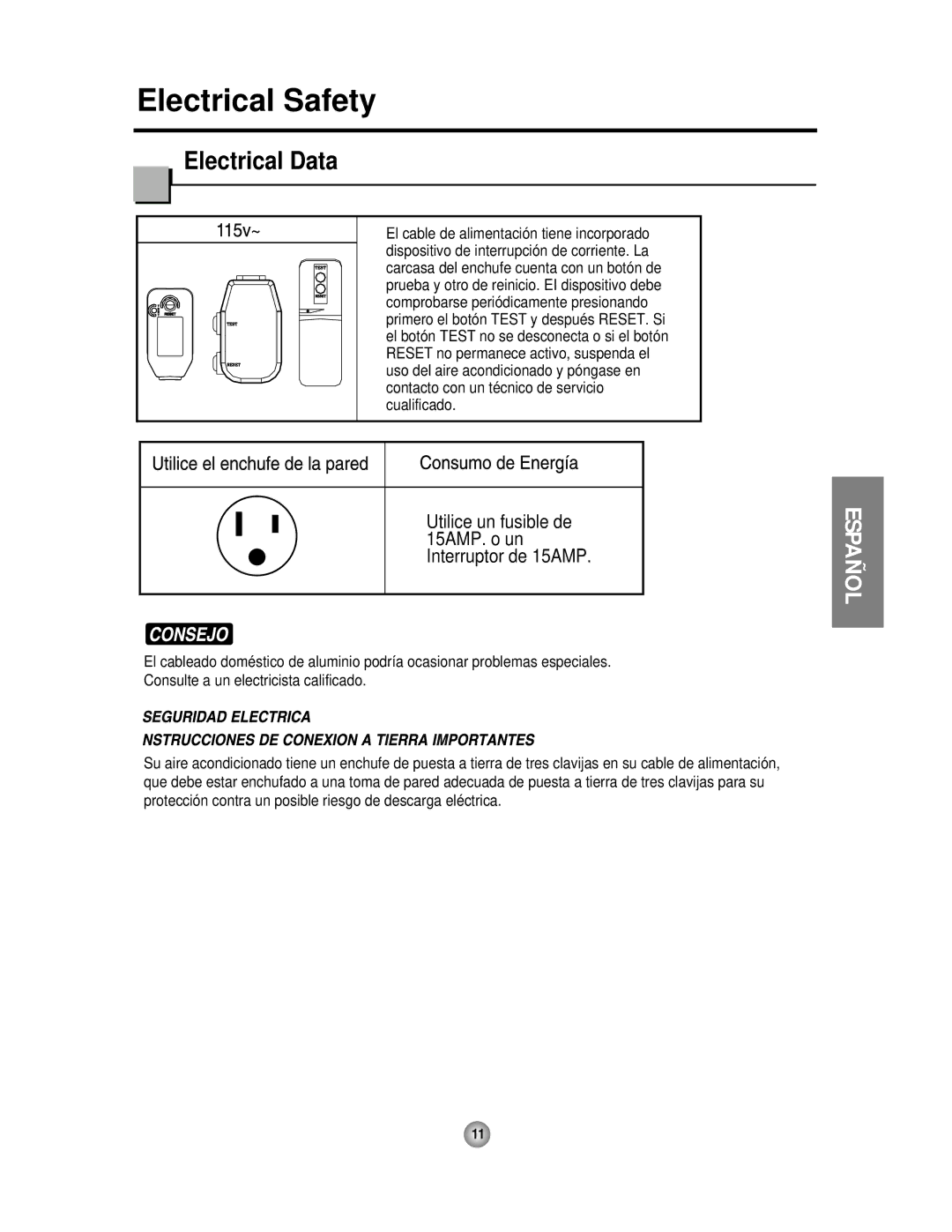 Friedrich CP06 manual Utilice un fusible de 15AMP. o un Interruptor de 15AMP 