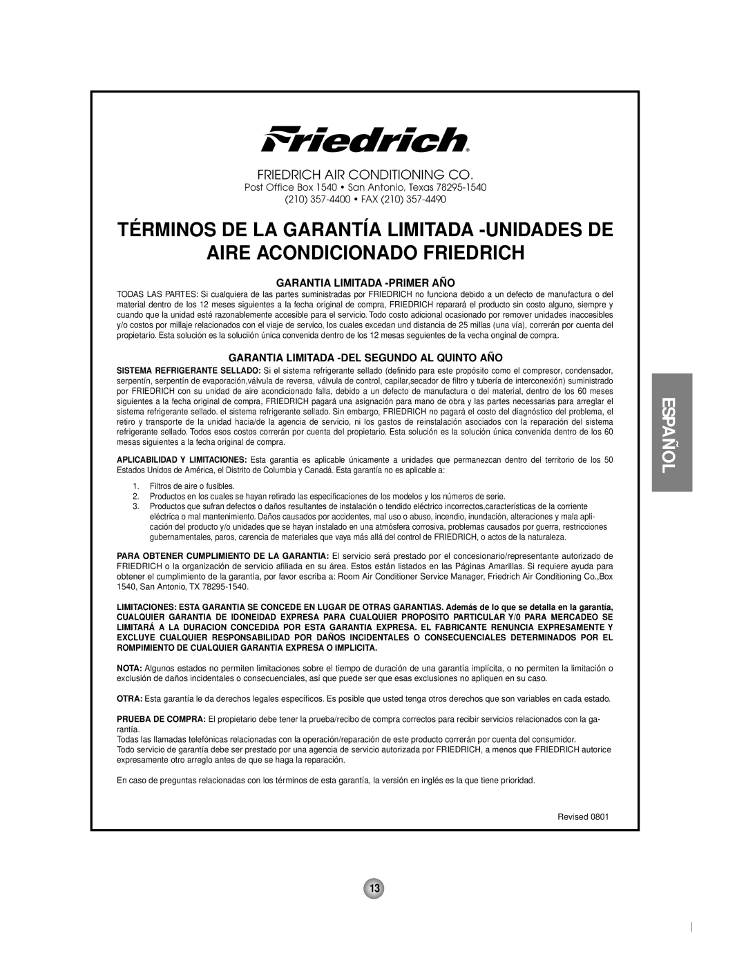 Friedrich CP06 manual Garantia Limitada -PRIMER AÑO 