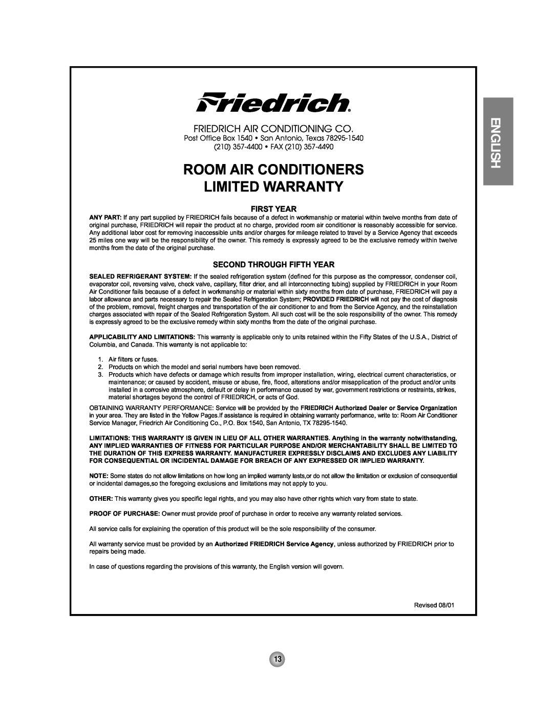 Friedrich CP06 manual Room Air Conditioners Limited Warranty, Friedrich Air Conditioning Co, English, First Year 