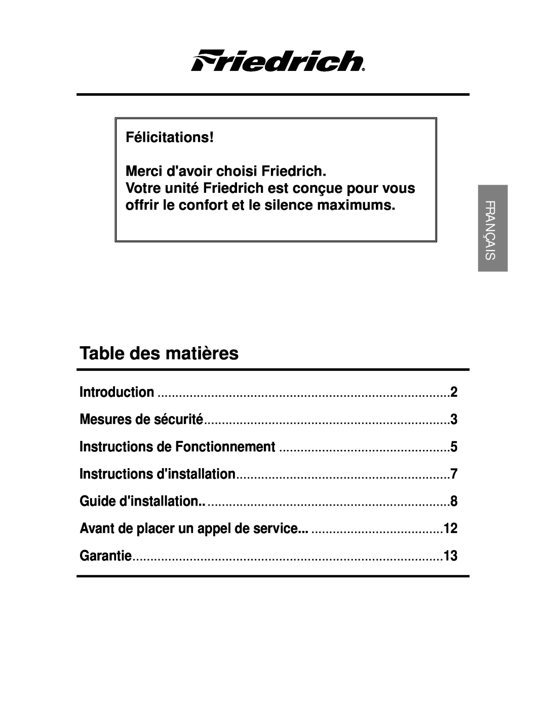 Friedrich CP06 Table des matières, Félicitations Merci davoir choisi Friedrich, Mesures de sécurité, Guide dinstallation 