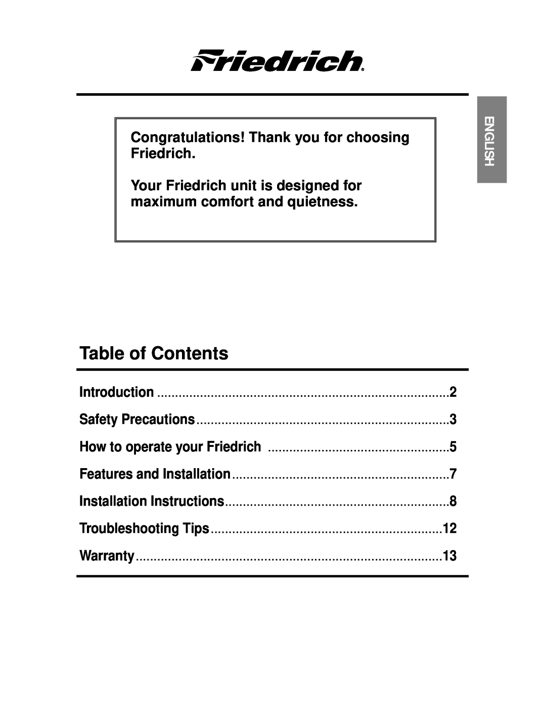 Friedrich CP06 manual Table of Contents, Congratulations! Thank you for choosing Friedrich, English, Introduction, Warranty 