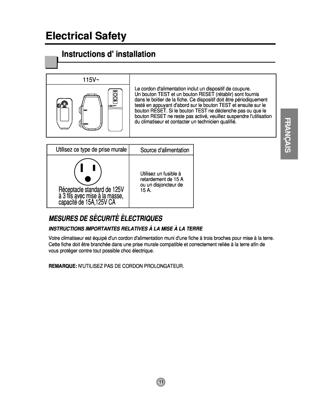 Friedrich CP06 manual Instructions d installation, Français, 115V~, capacité de 15A,125V CA, Electrical Safety 