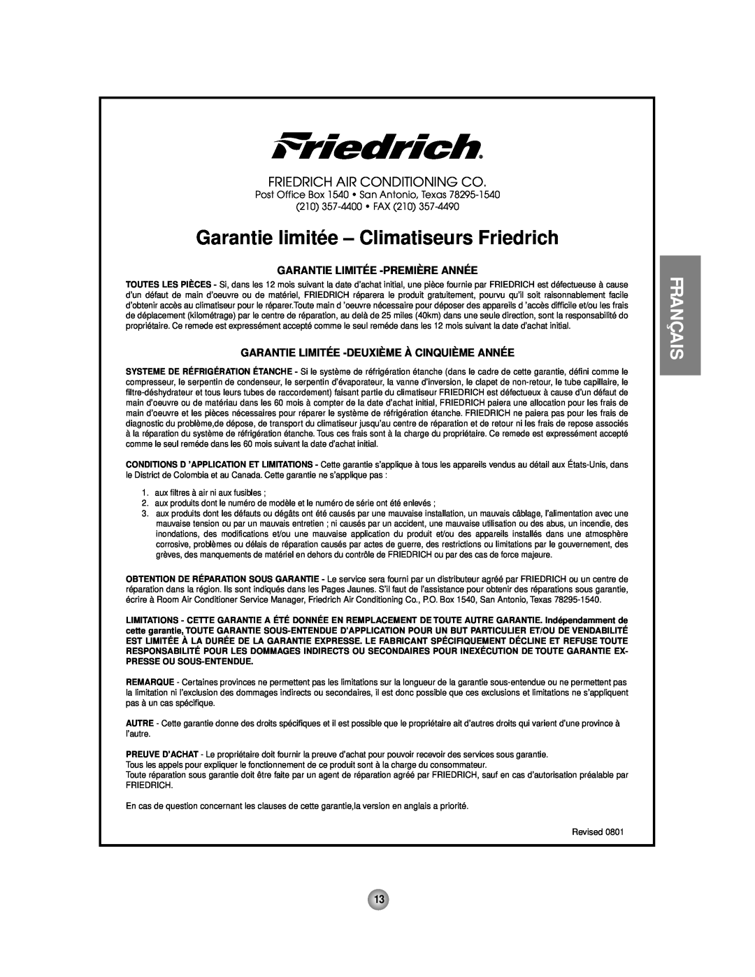 Friedrich CP06 manual Garantie limitée - Climatiseurs Friedrich, Français, Friedrich Air Conditioning Co, 210 357-4400 FAX 
