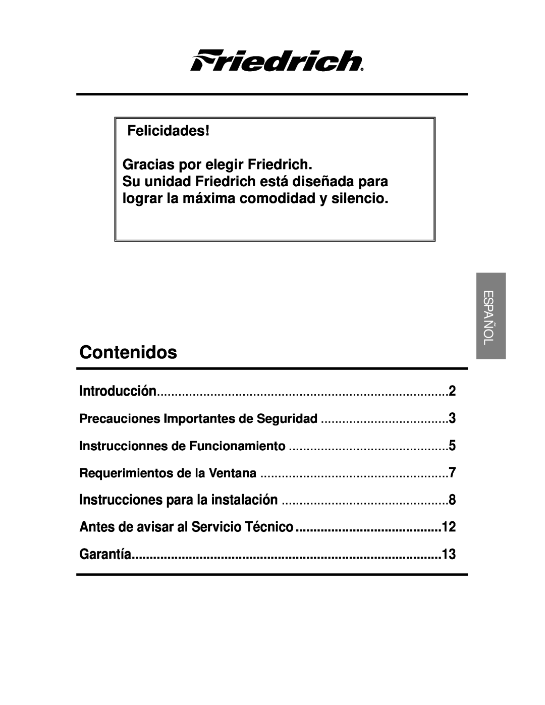 Friedrich CP06 manual Contenidos, Felicidades Gracias por elegir Friedrich, Introducción, Instruccionnes de Funcionamiento 