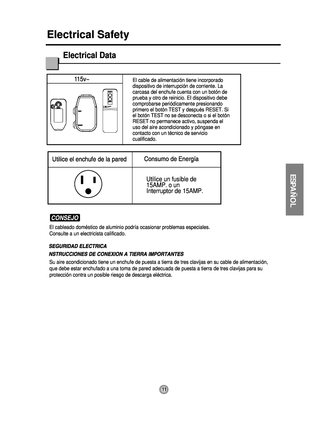 Friedrich CP06 manual Electrical Safety, Electrical Data, Español, Consulte a un electricista calificado 