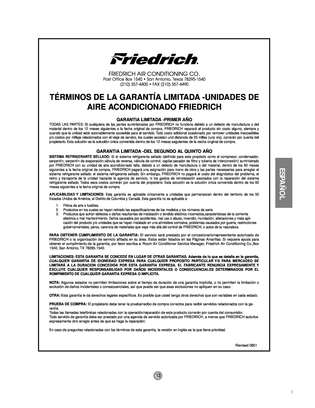 Friedrich CP06 manual Términos De La Garantía Limitada -Unidadesde, Aire Acondicionado Friedrich, Español, 210 357-4400 FAX 