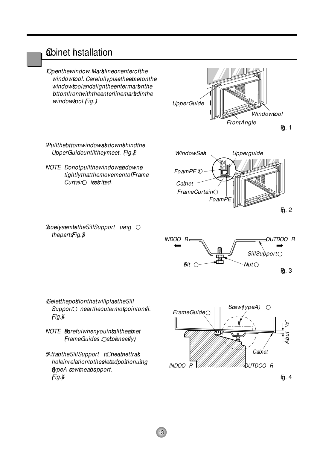 Friedrich CP06/CP08 manual Cabinet Installation, Open the window. Mark a line on center 