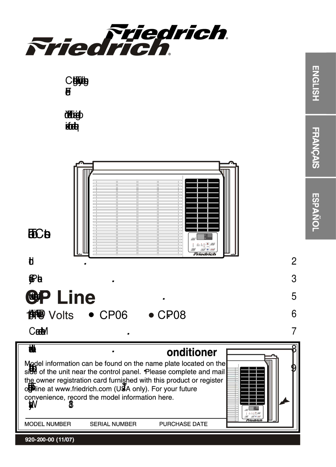 Friedrich CP06/CP08 manual Table of Contents 