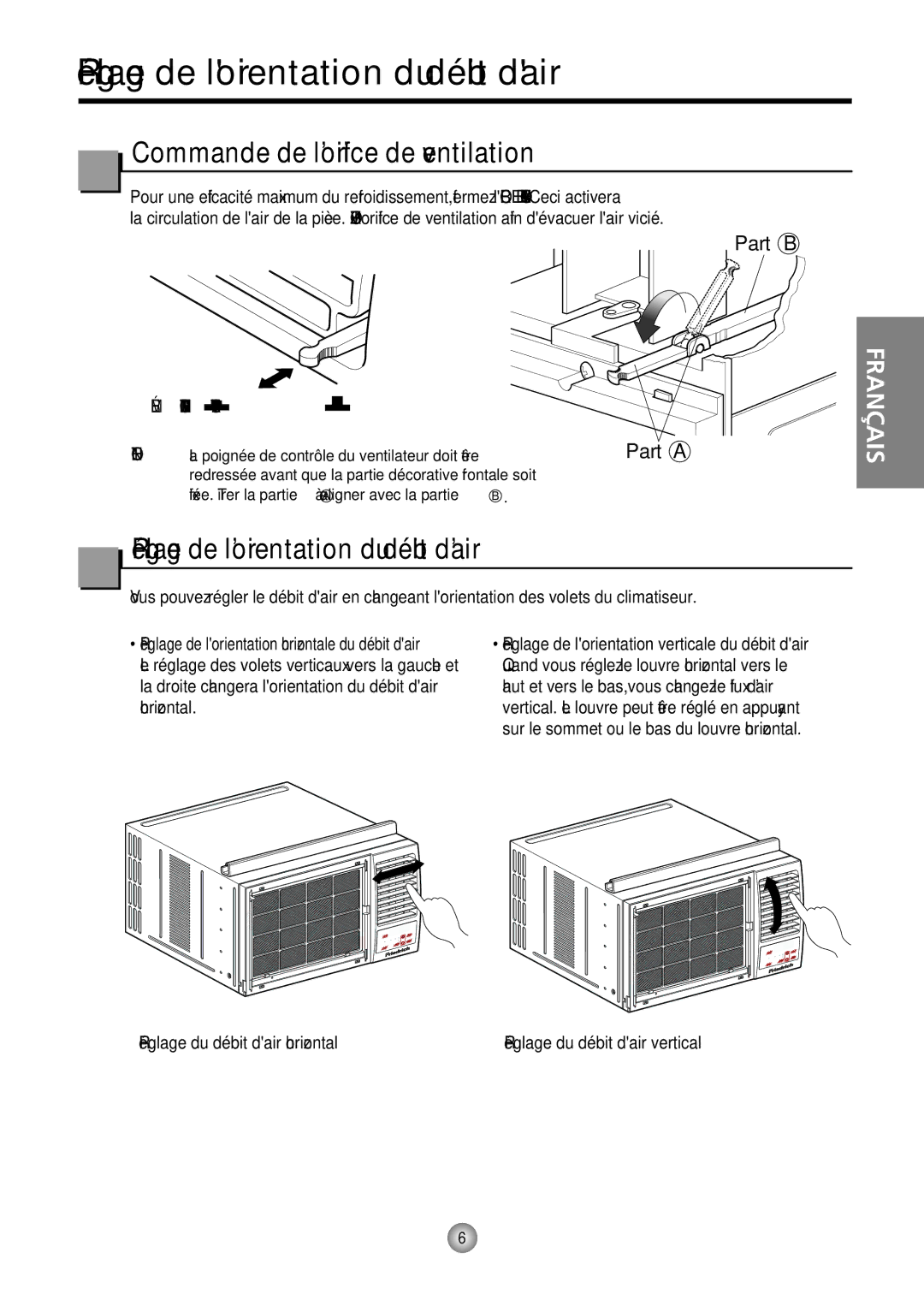 Friedrich CP06/CP08 manual Réglage de lorientation du débit dair, Commande de l’orifice de ventilation 