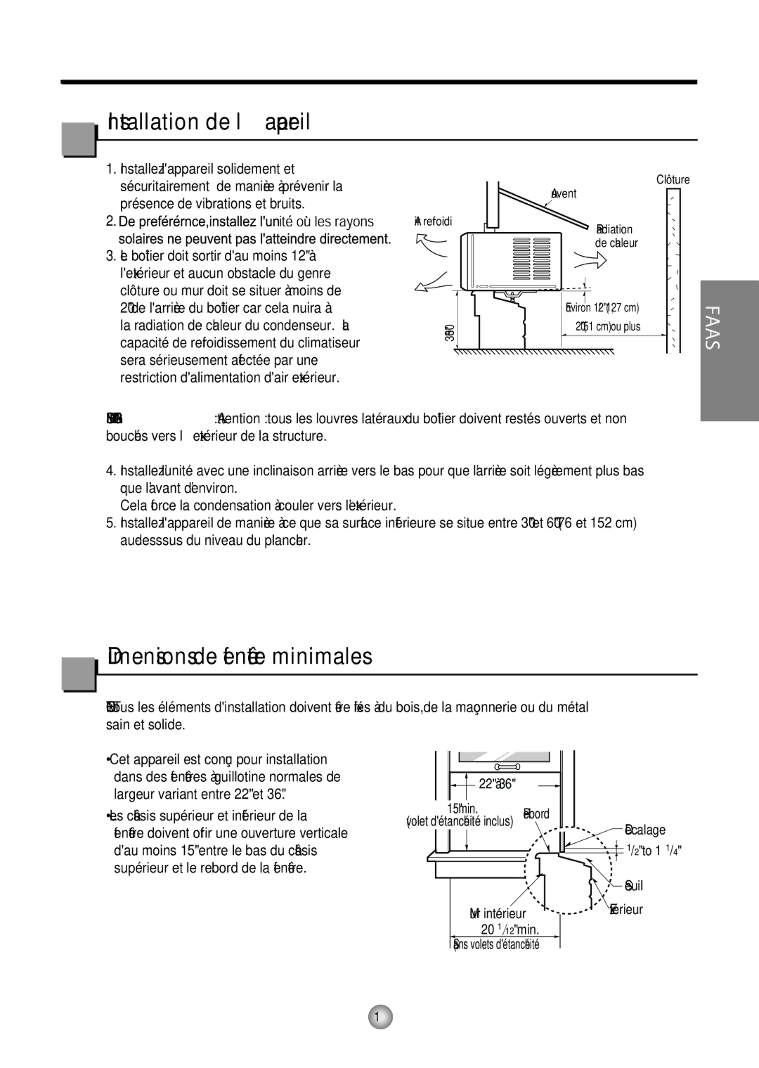 Friedrich CP06/CP08 manual Installation de l’appareil, Dimensions de fenêtre minimales 