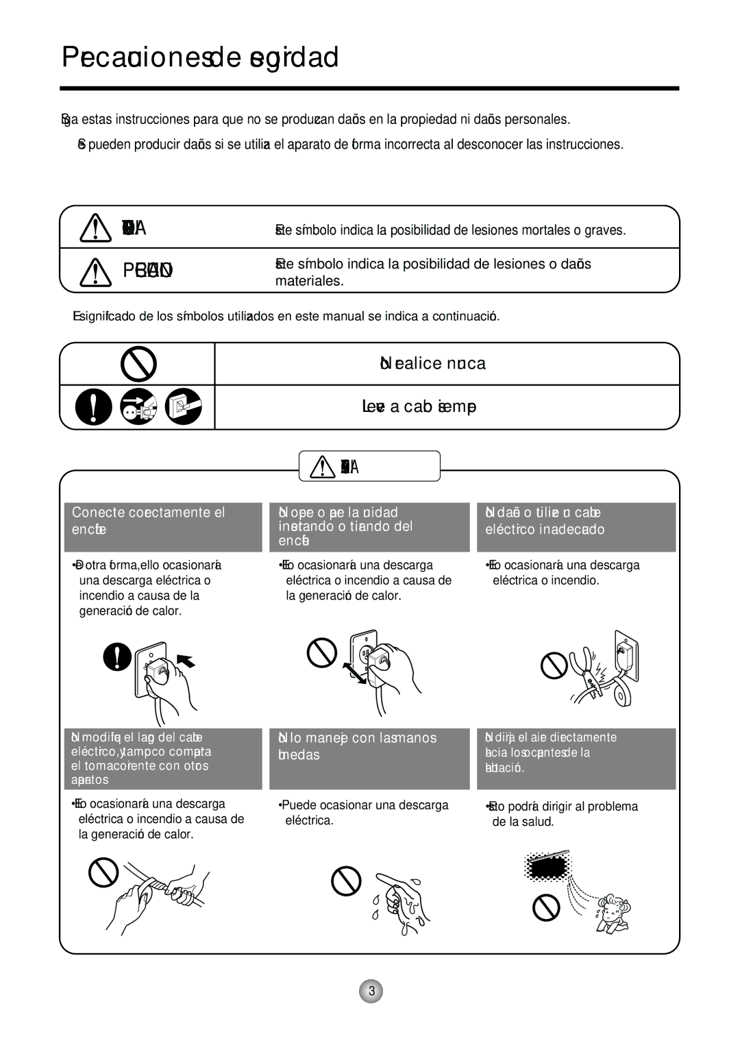 Friedrich CP06/CP08 manual Precauciones de segoridad, Advertencia Precaucion 