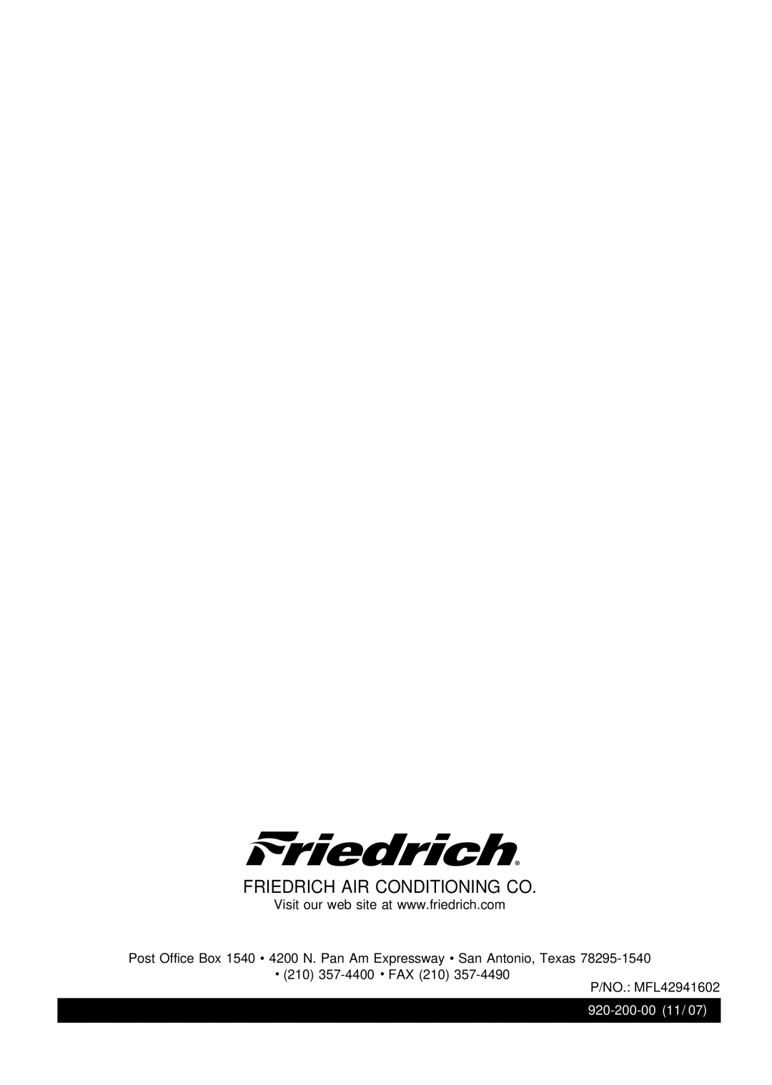 Friedrich CP06/CP08 manual Friedrich AIR Conditioning CO 