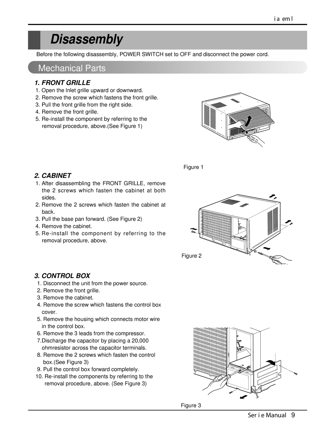 Friedrich CP08F10, CP06F10 manual Disassembly, Mechanical Parts, Front Grille, Cabinet, Control BOX 