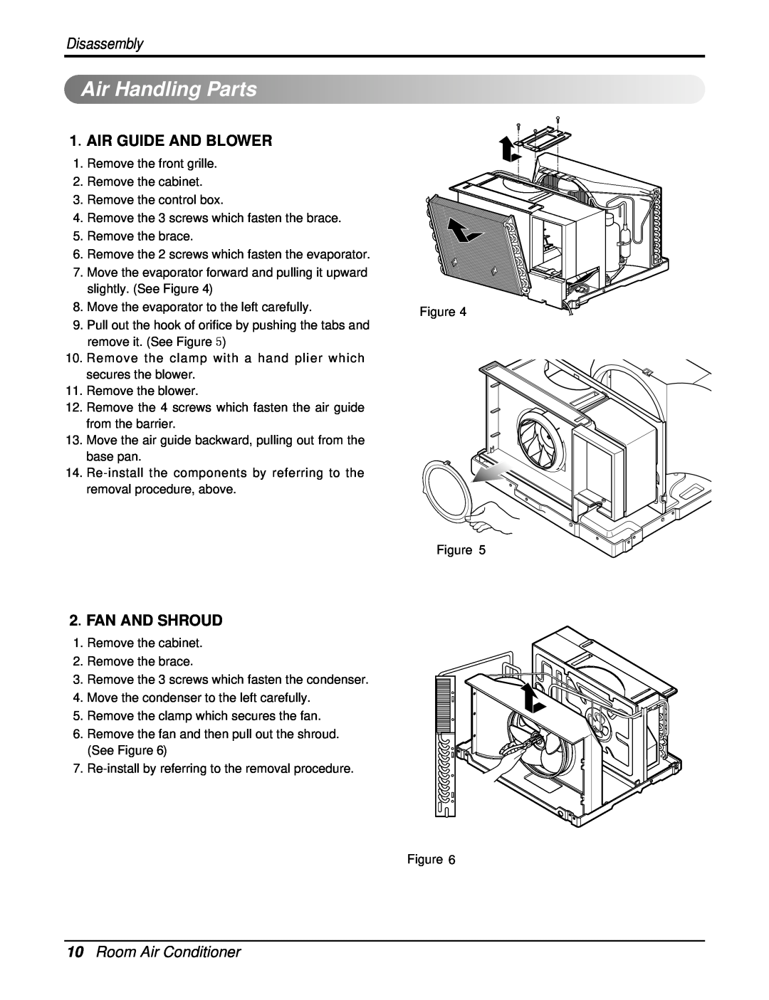Friedrich CP06F10, CP08F10 manual AirHandlingParts, Disassembly, Air Guide And Blower, Fan And Shroud, Room Air Conditioner 