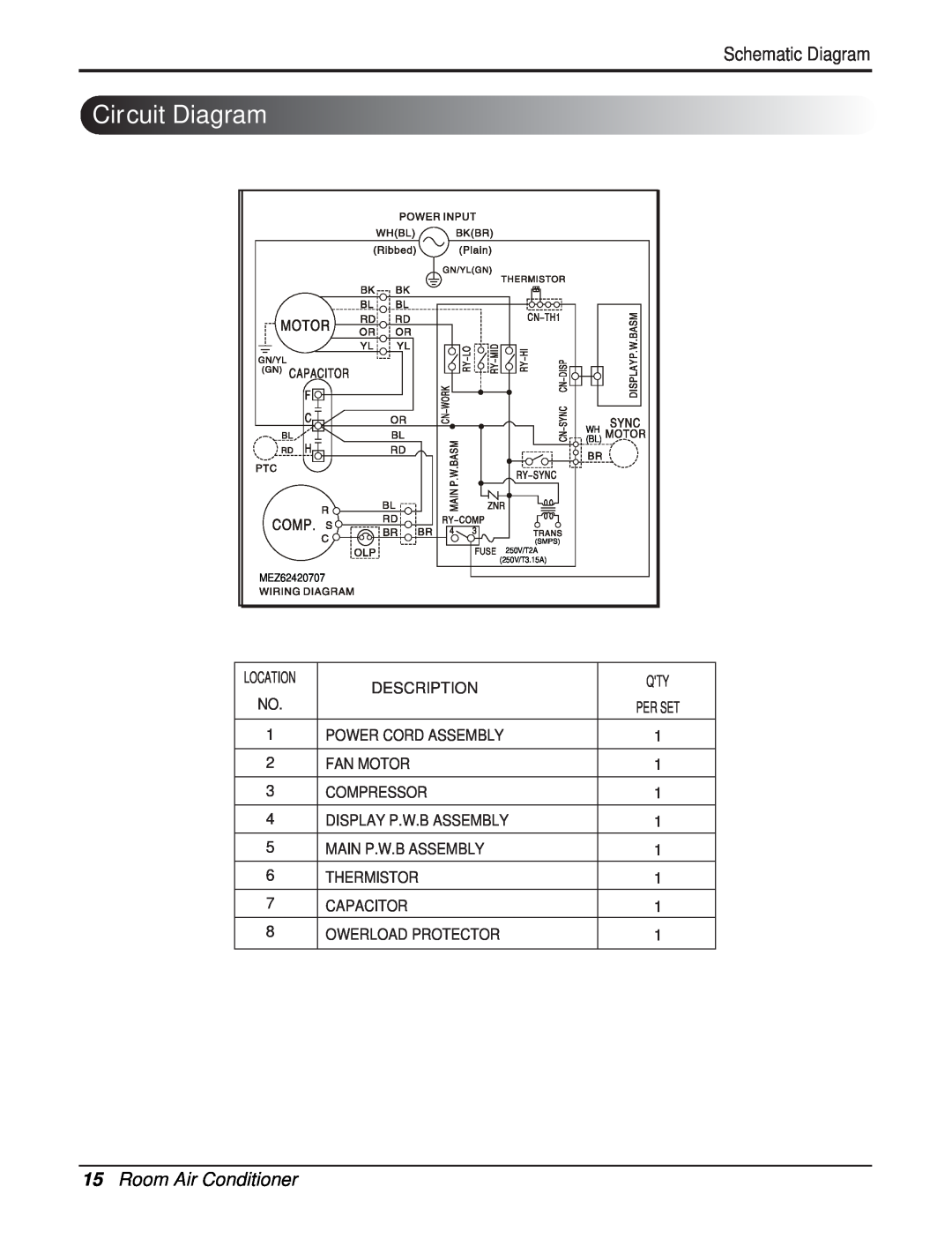 Friedrich CP08F10, CP06F10 manual Circuit Diagram, Schematic Diagram, 15Room Air Conditioner 