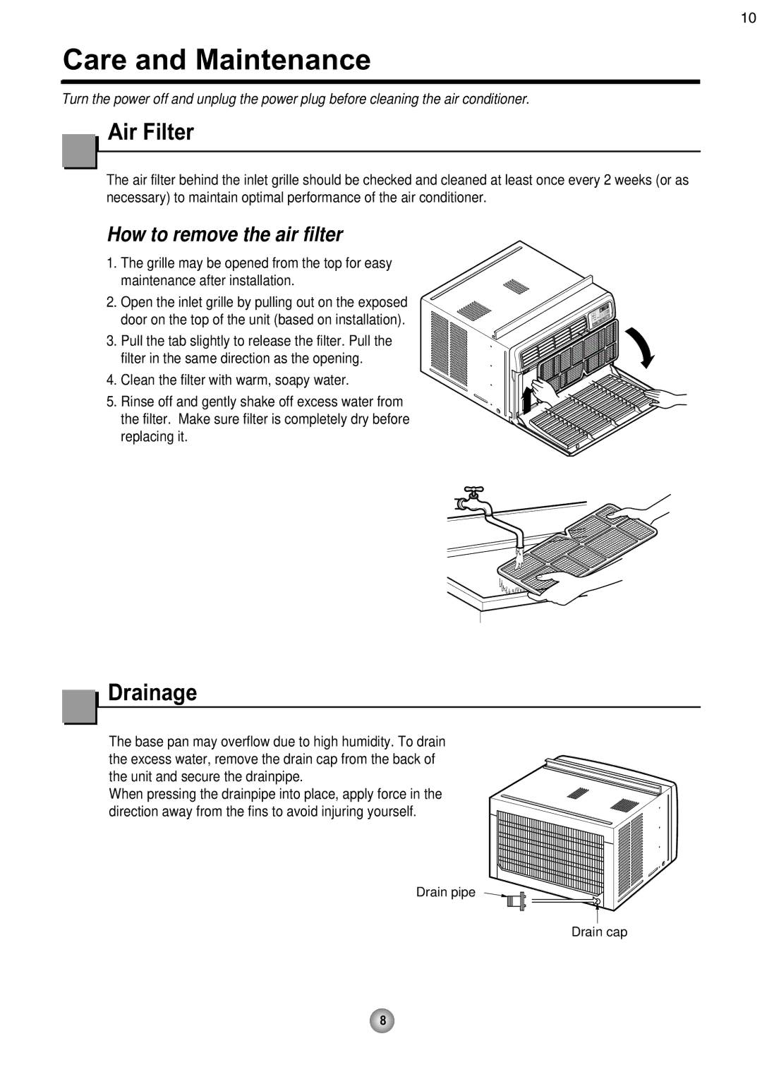 Friedrich CP08 operation manual Care and Maintenance, Air Filter, Drainage 