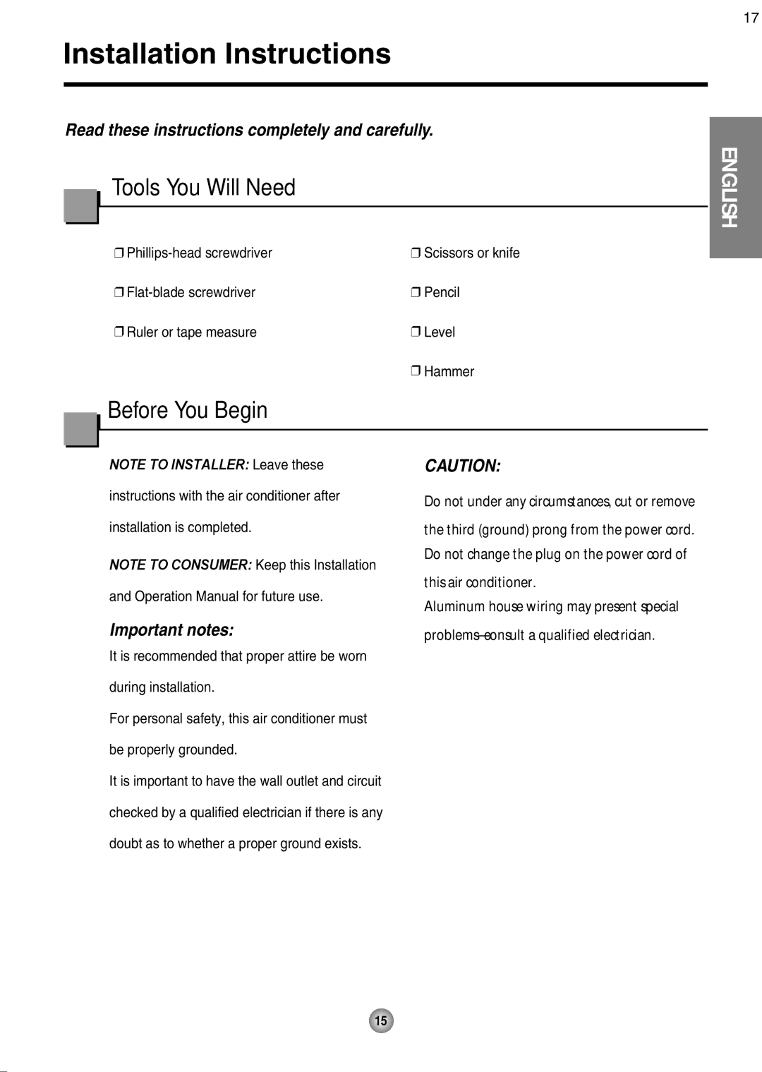 Friedrich CP08 operation manual Installation Instructions, Phillips-head screwdriver 