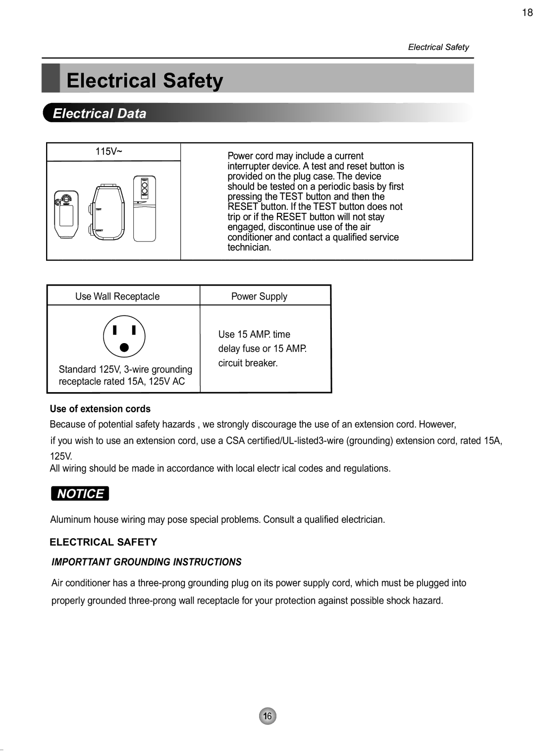 Friedrich CP08 operation manual Electrical Safety 