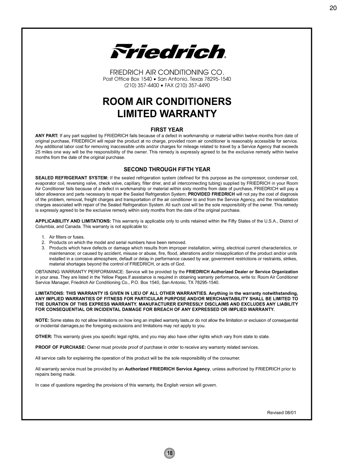 Friedrich CP08 operation manual Room AIR Conditioners Limited Warranty 