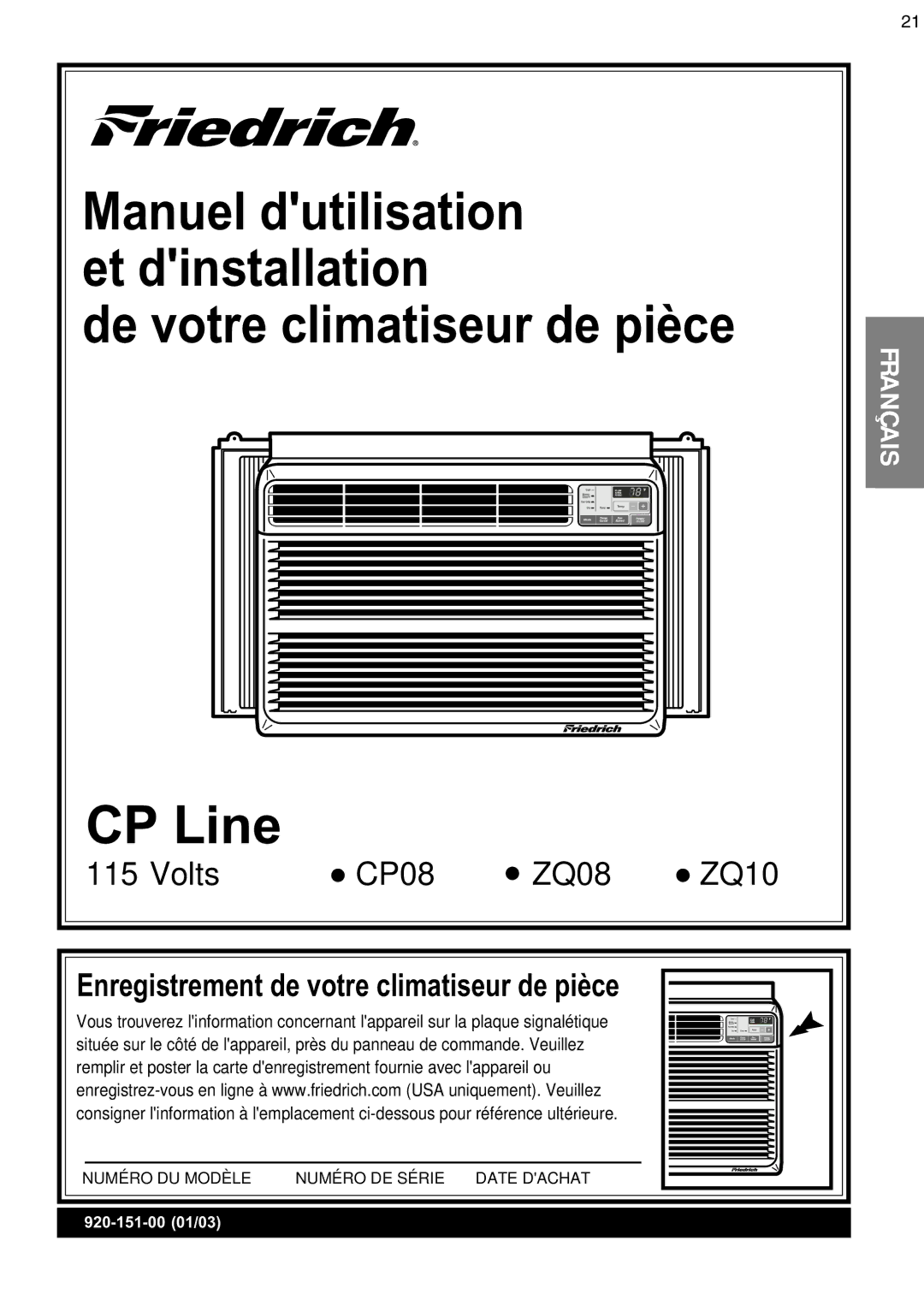 Friedrich CP08 operation manual De votre climatiseur de pièce CP Line 