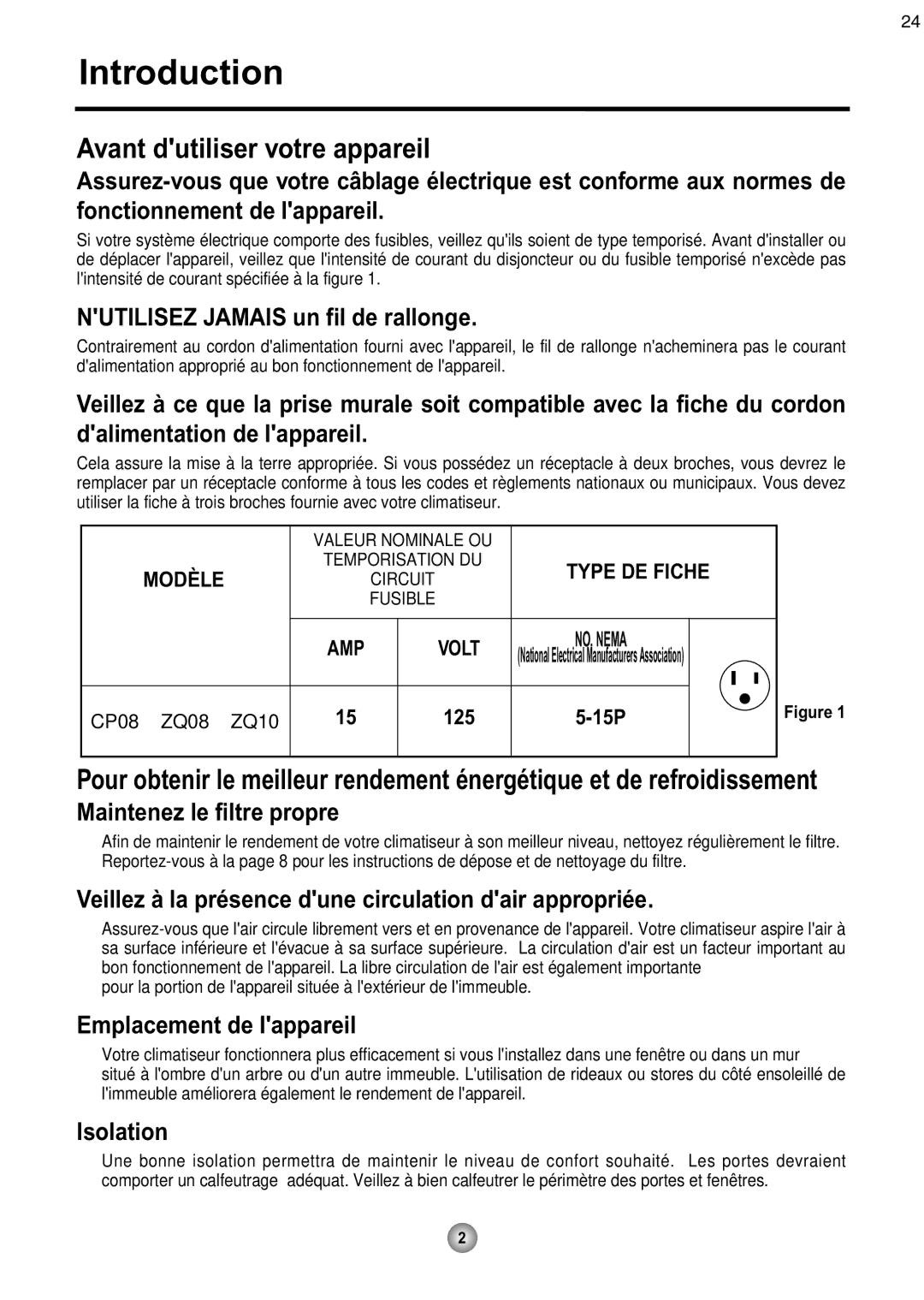 Friedrich CP08 operation manual Avant dutiliser votre appareil, Nutilisez Jamais un fil de rallonge 