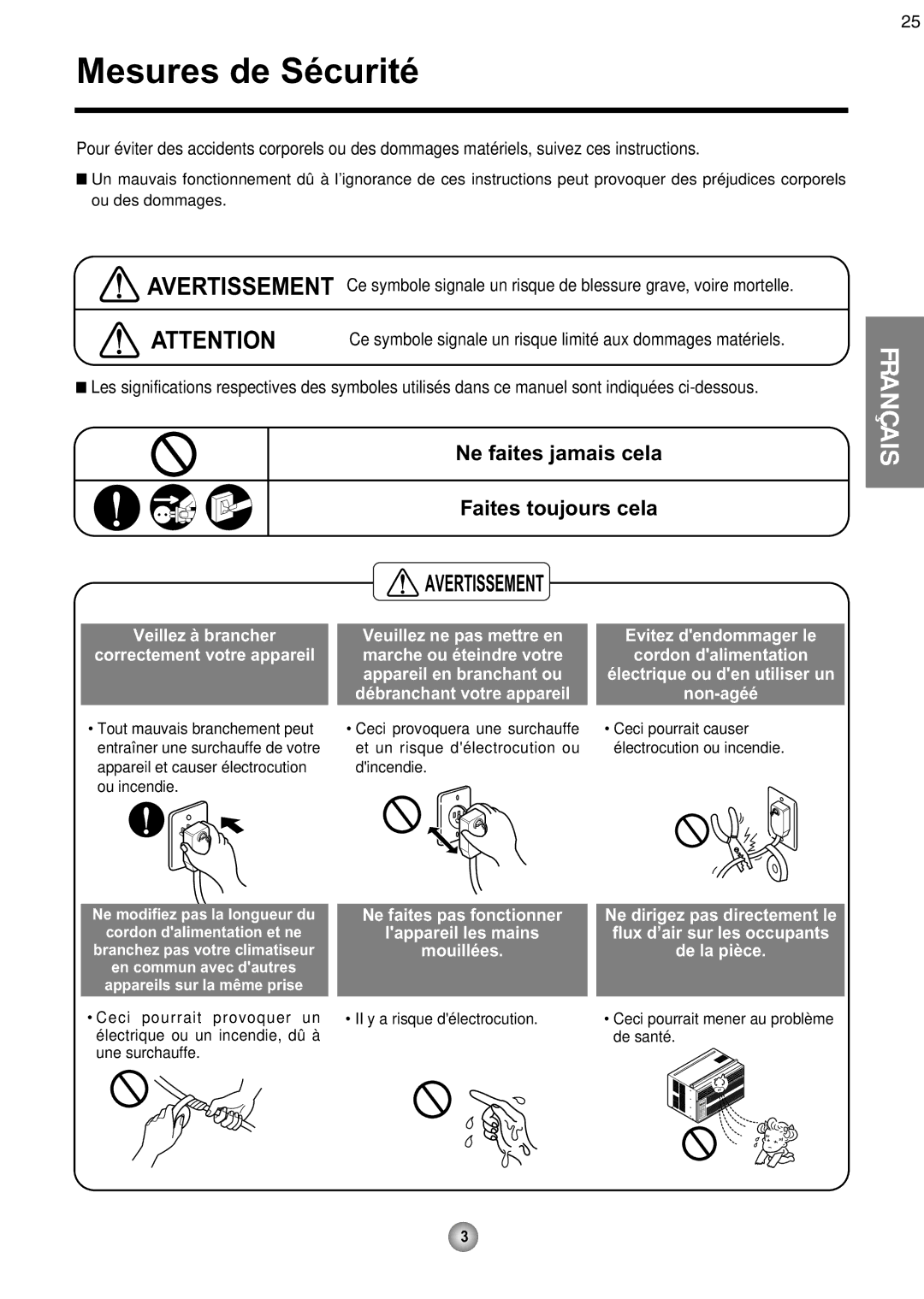 Friedrich CP08 operation manual Mesures de Sécurité, Veillez à brancher Correctement votre appareil 