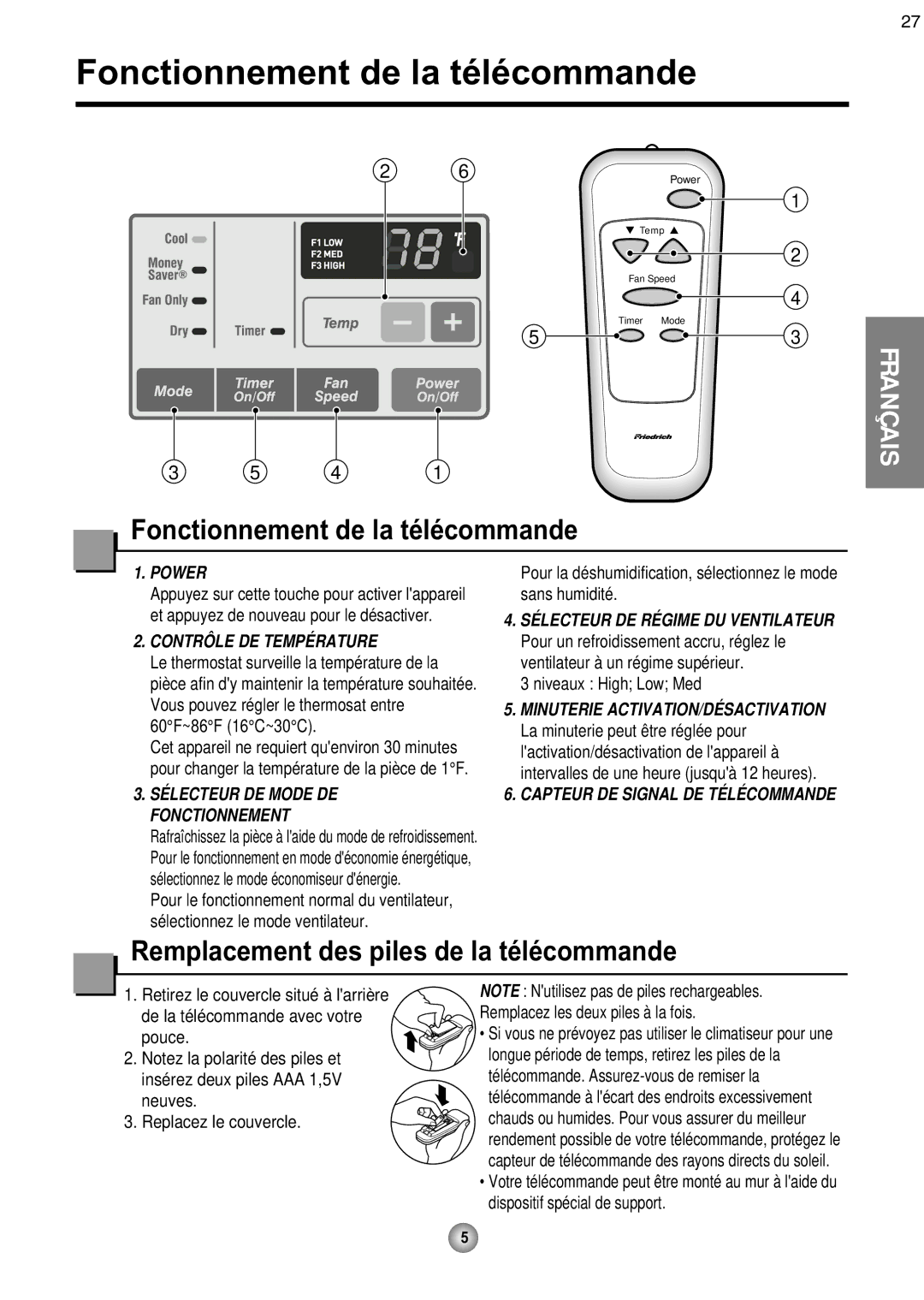 Friedrich CP08 Fonctionnement de la télécommande, Remplacement des piles de la télécommande, Niveaux High Low Med 