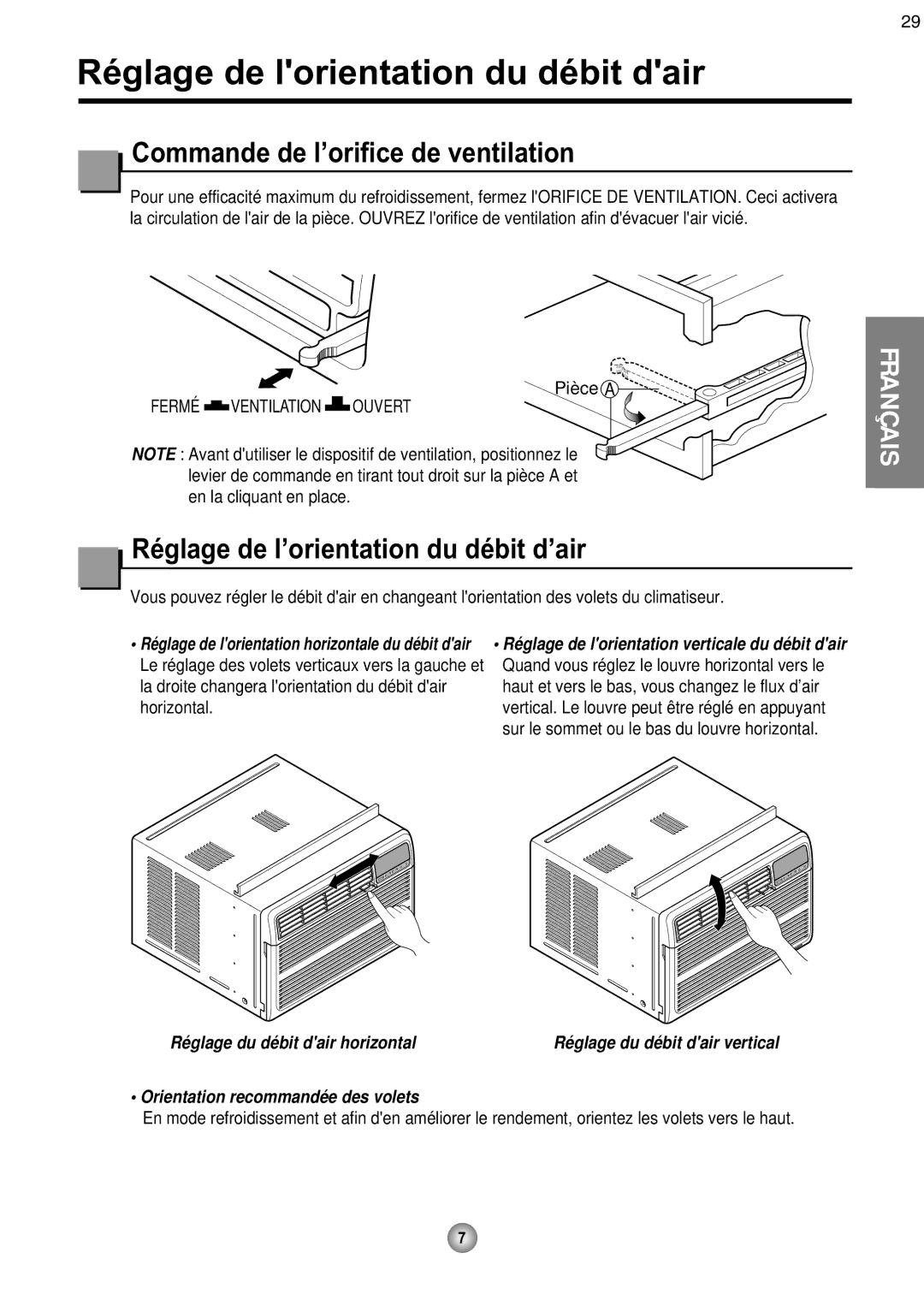 Friedrich CP08 operation manual Réglage de lorientation du débit dair, Commande de l’orifice de ventilation 