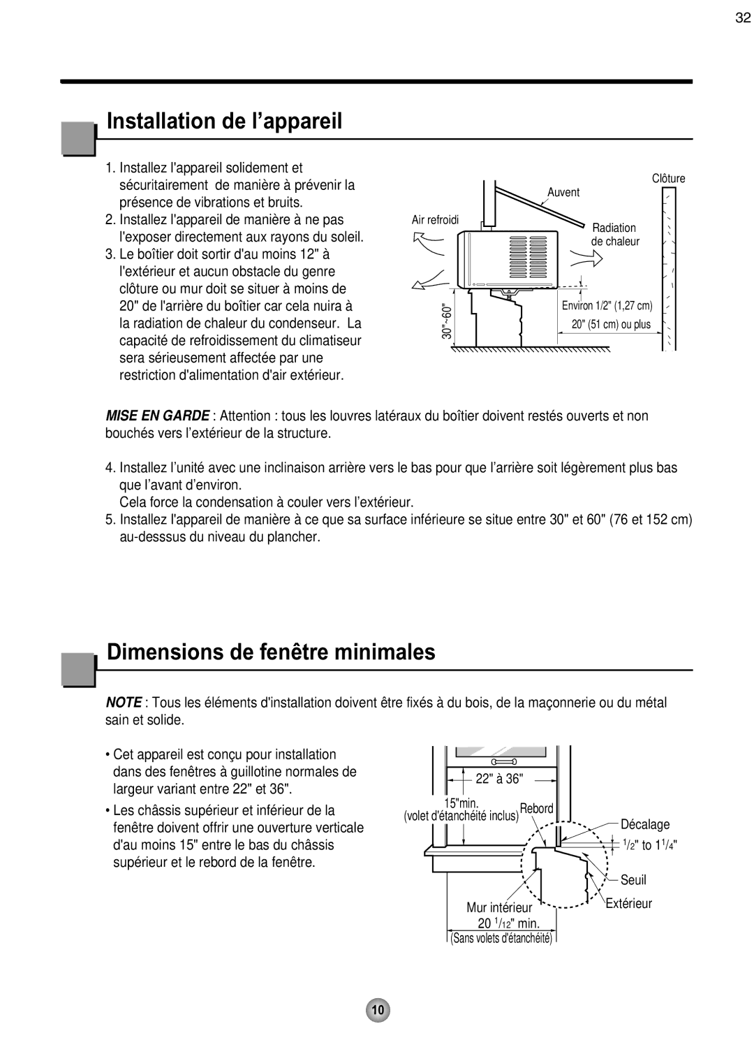 Friedrich CP08 Installation de l’appareil, Dimensions de fenêtre minimales, 22 à 15min. Rebord Volet détanchéité inclus 