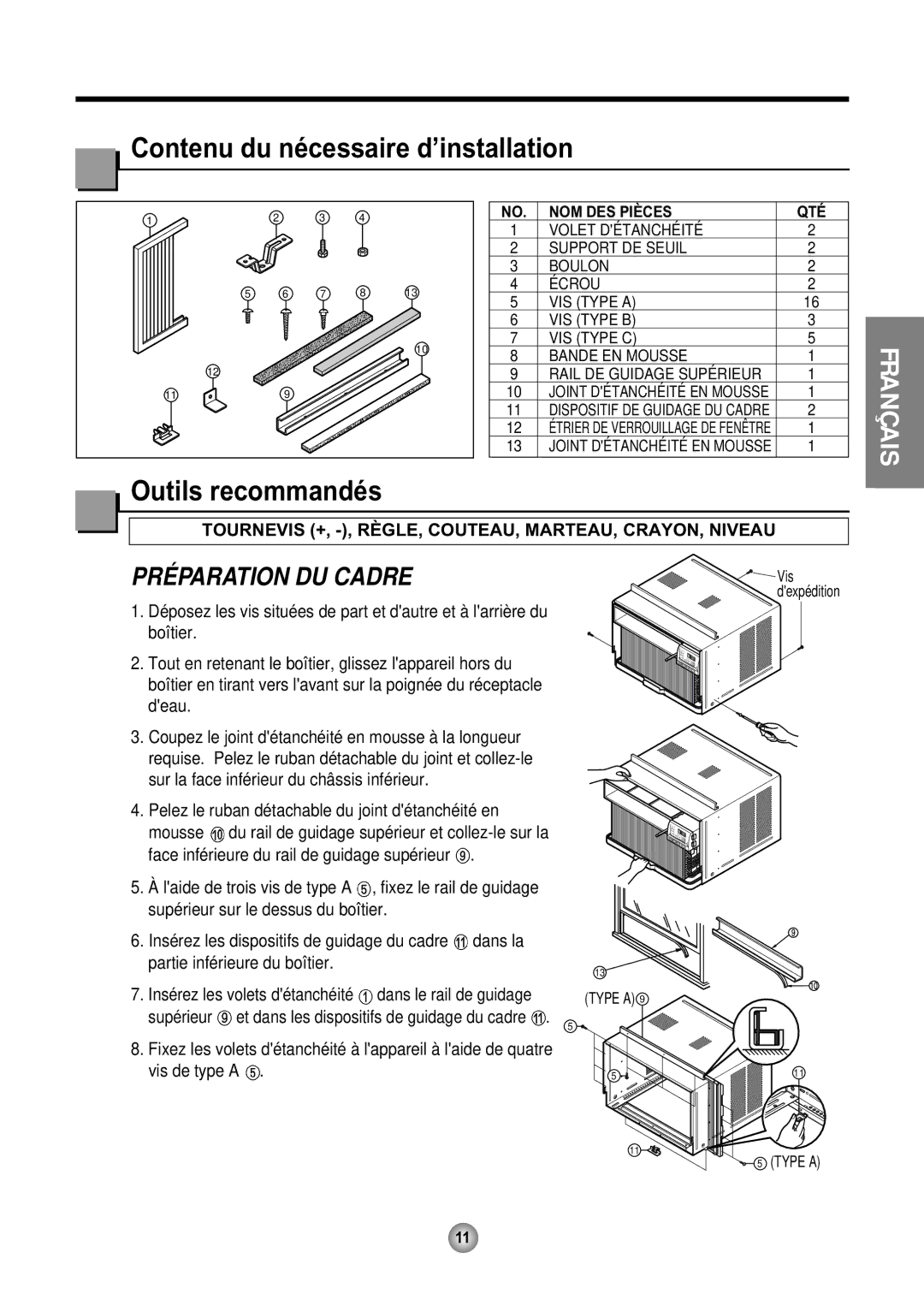 Friedrich CP08 operation manual Contenu du nécessaire d’installation, Outils recommandés 