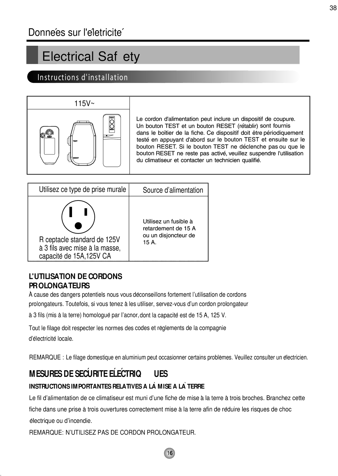 Friedrich CP08 operation manual Source dalimentation, Delectricite locale 