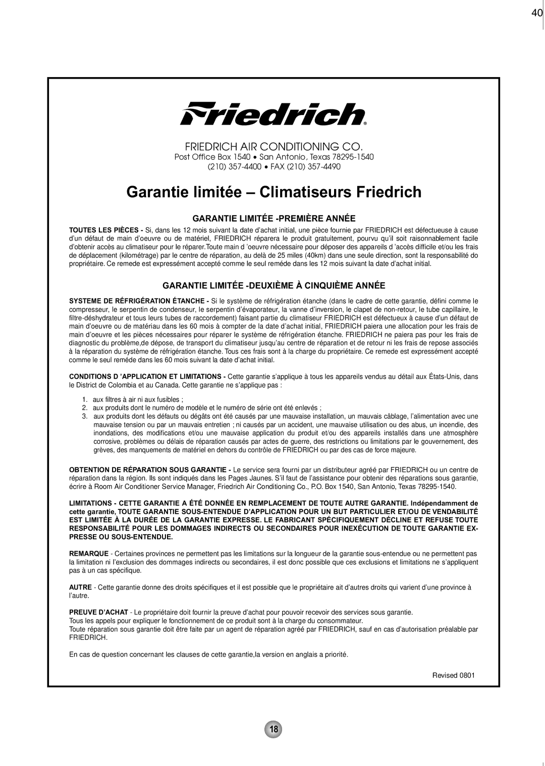 Friedrich CP08 operation manual Garantie limitée Climatiseurs Friedrich 