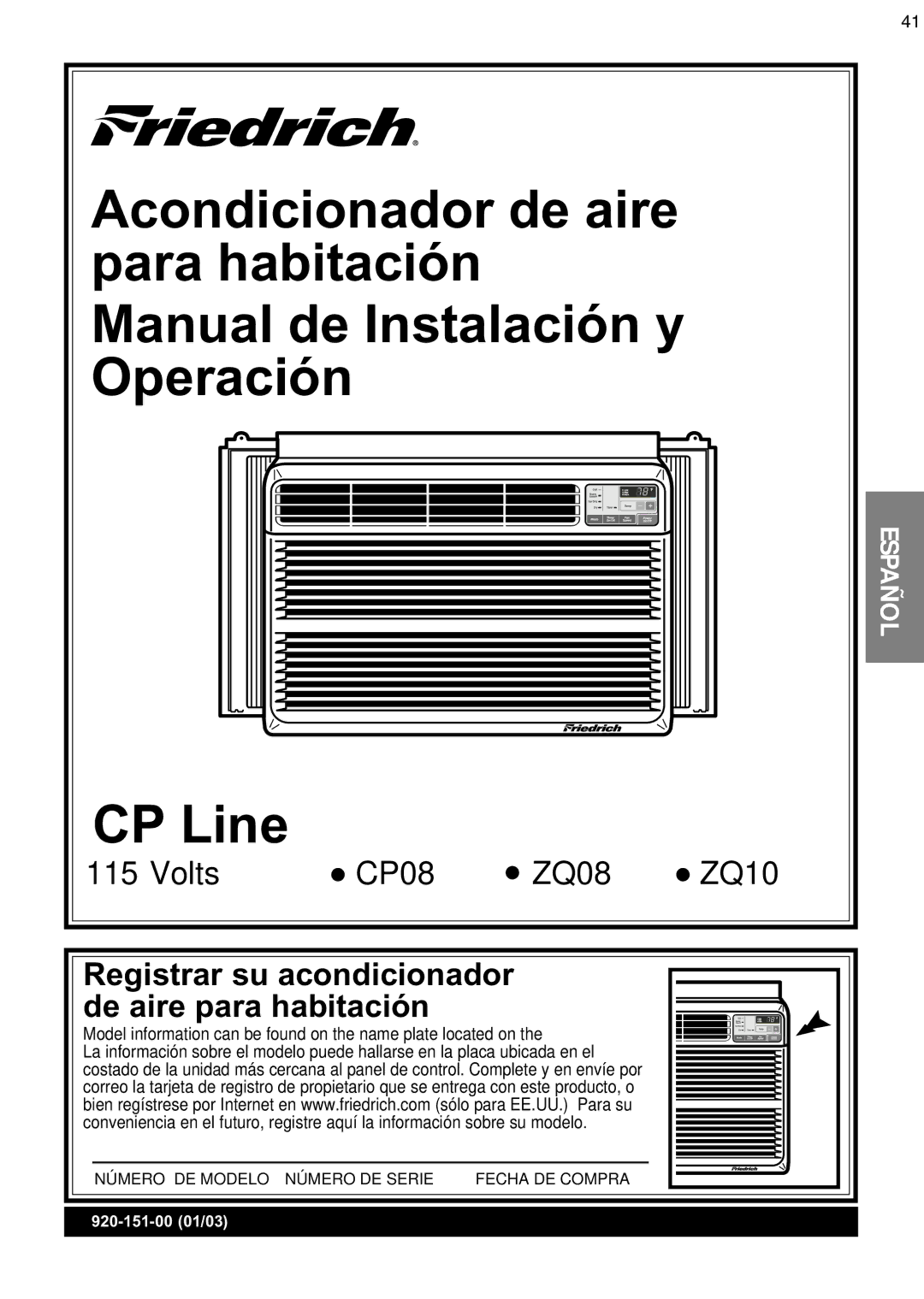 Friedrich CP08 operation manual Registrar su acondicionador de aire para habitación 