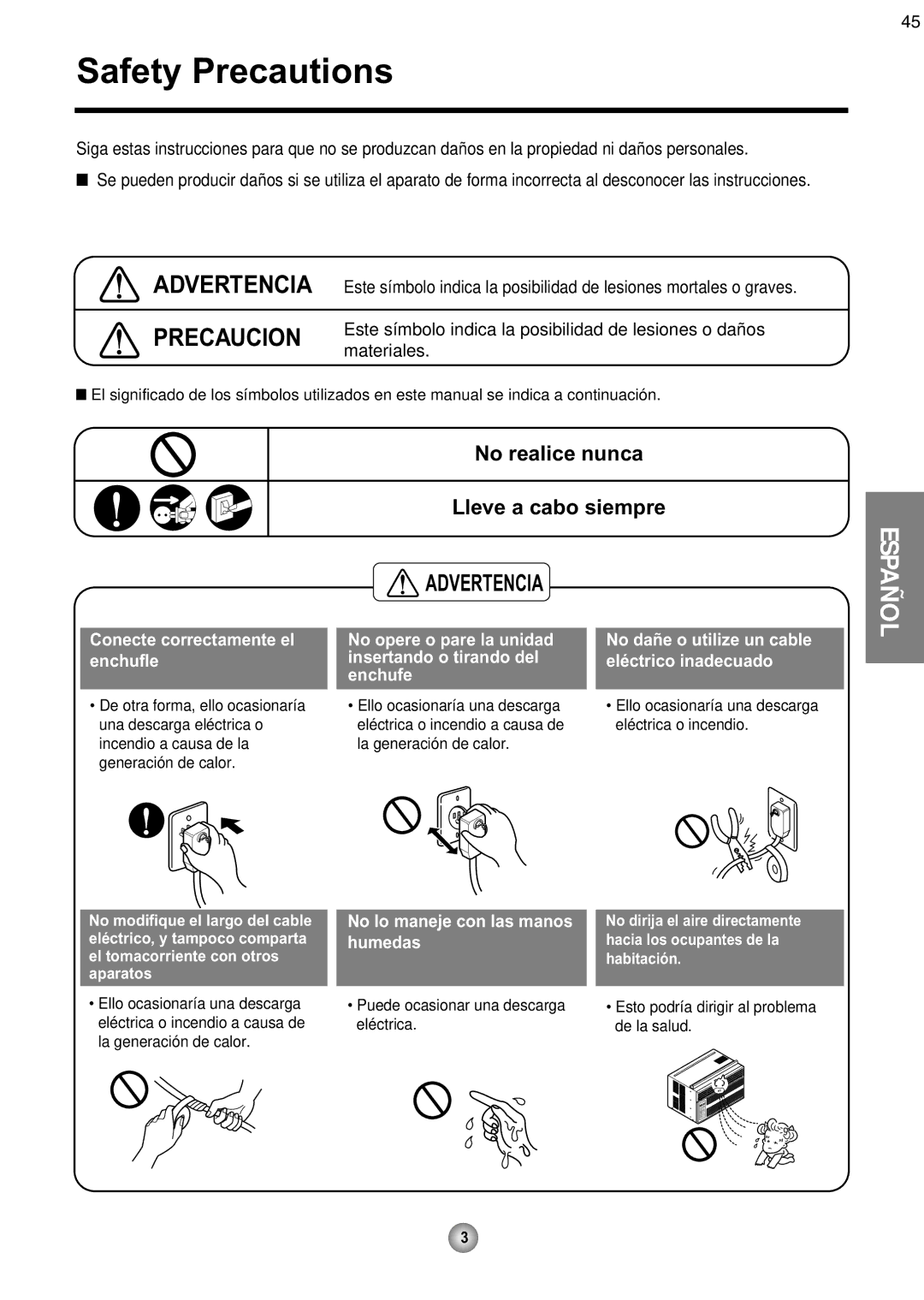 Friedrich CP08 operation manual Este símbolo indica la posibilidad de lesiones o daños, Materiales 