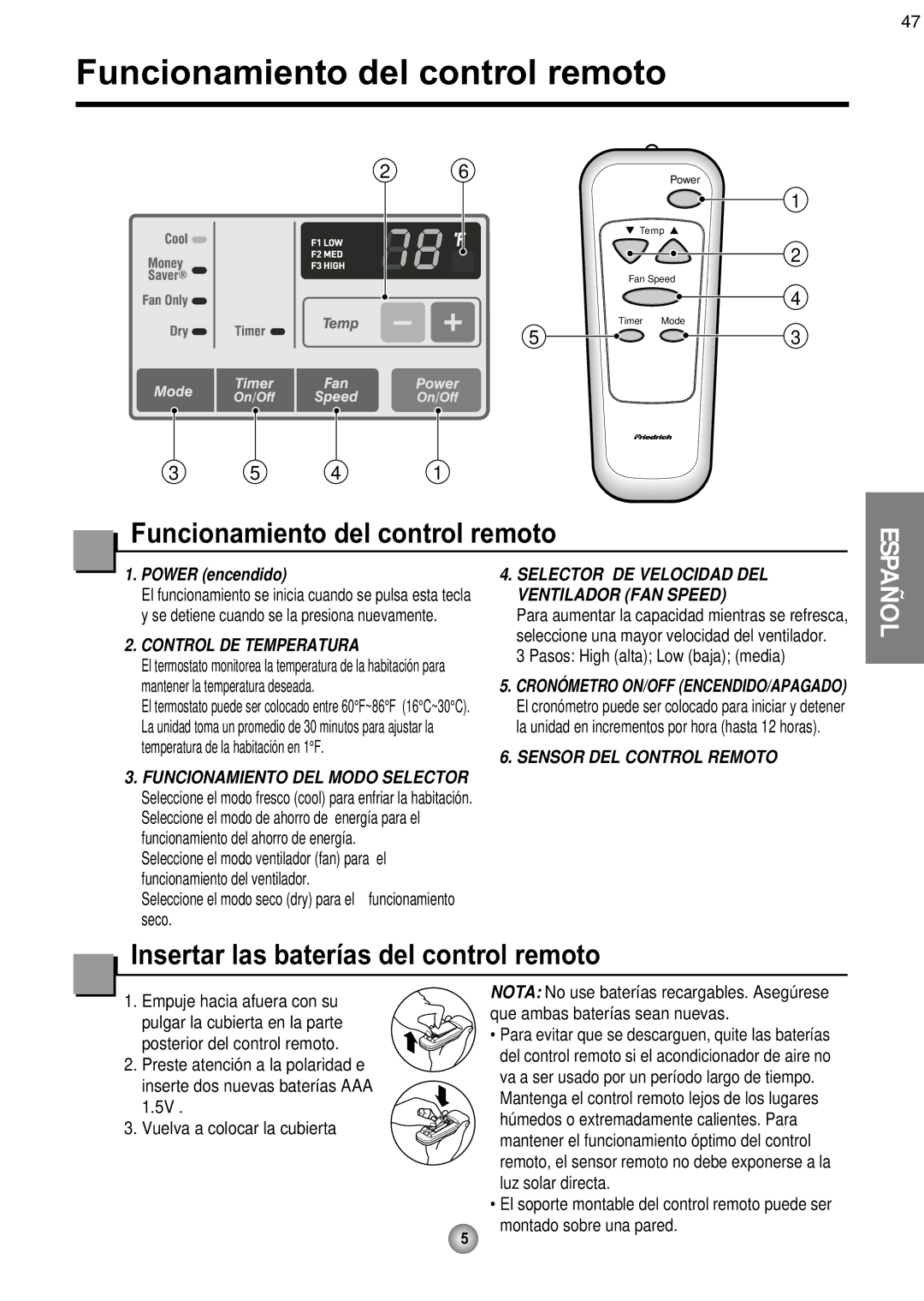 Friedrich CP08 Funcionamiento del control remoto, Insertar las baterías del control remoto, Pasos High alta Low baja media 