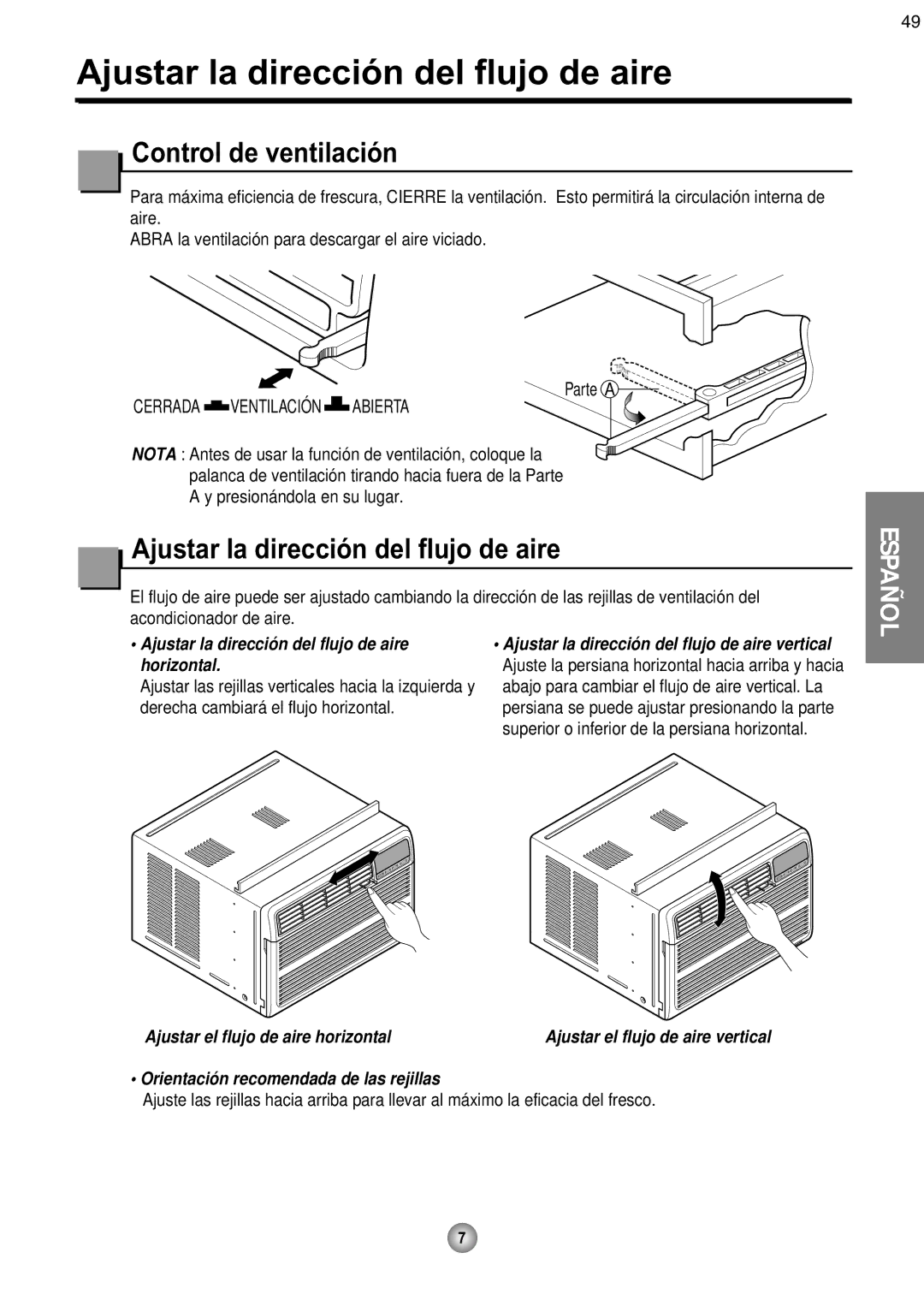 Friedrich CP08 Ajustar la dirección del flujo de aire, Control de ventilación, Derecha cambiará el flujo horizontal 