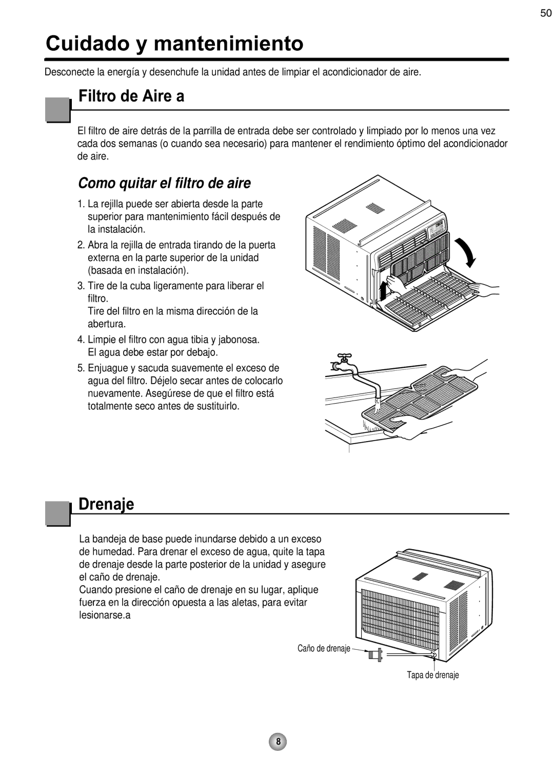 Friedrich CP08 operation manual Cuidado y mantenimiento, Filtro de Aire a, Drenaje 