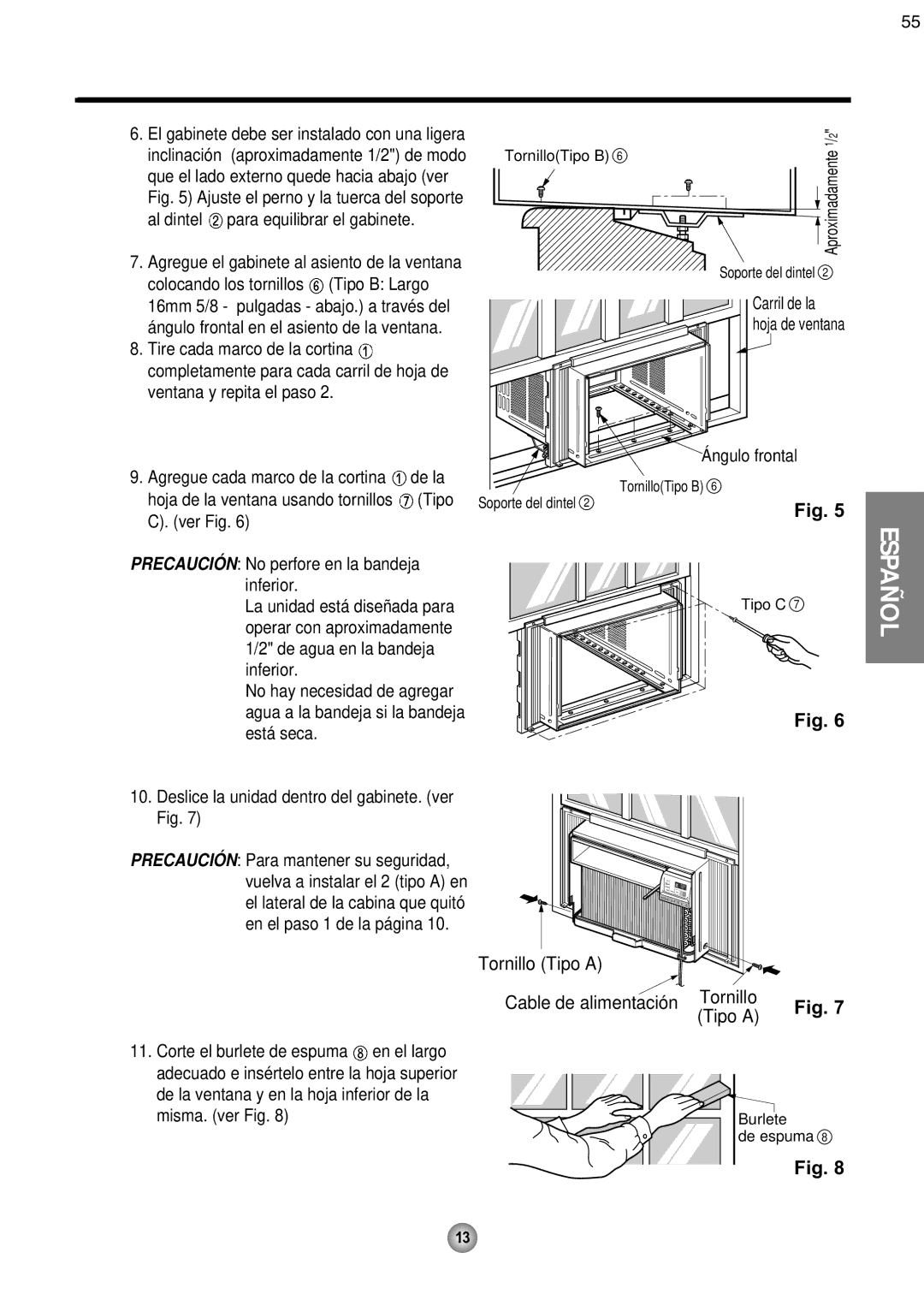 Friedrich CP08 operation manual Ngulo frontal, Tornillo Tipo a 