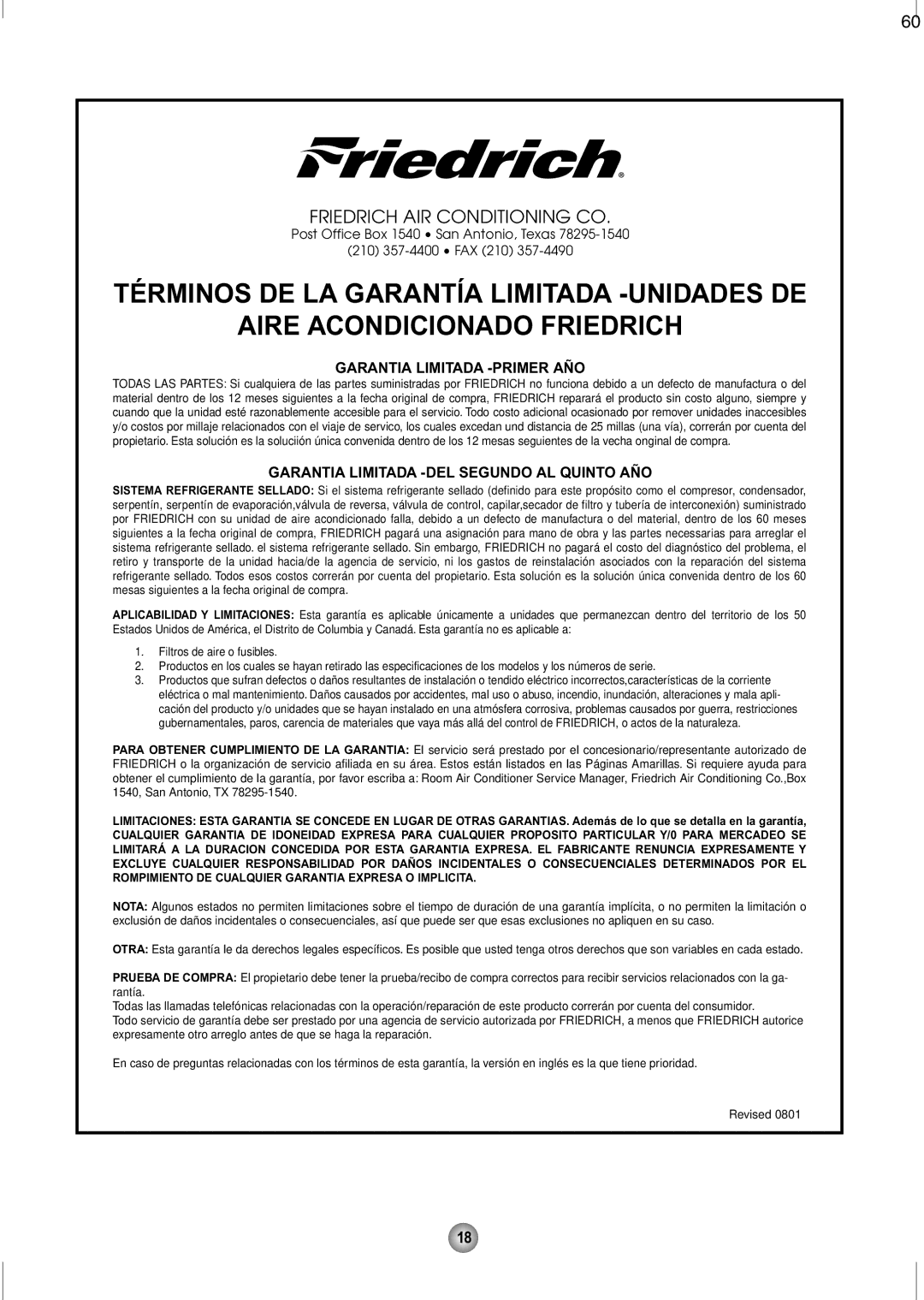 Friedrich CP08 operation manual Garantia Limitada -PRIMER AÑO 