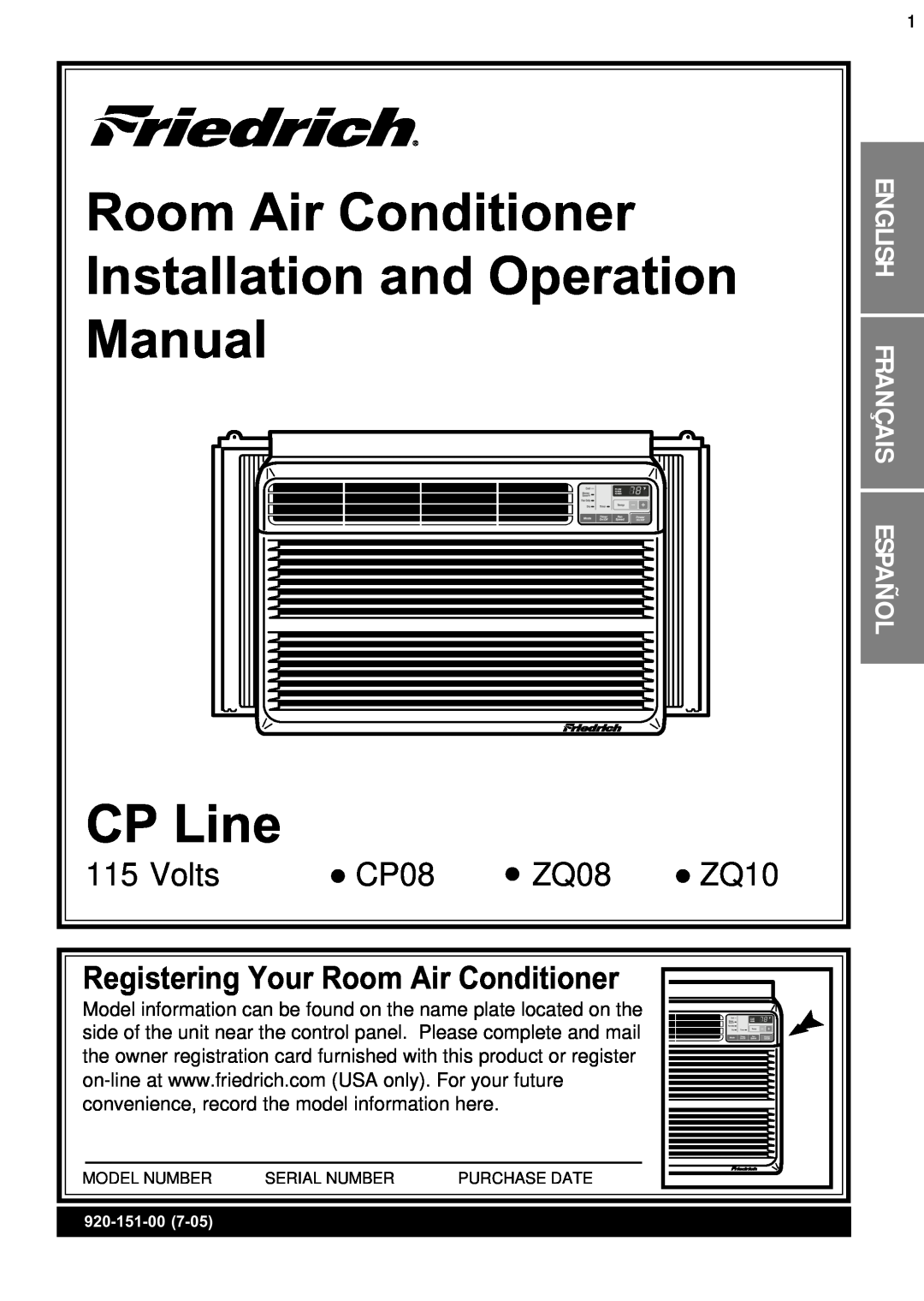 Friedrich CP08 operation manual Room Air Conditioner Installation and Operation, Manual CP Line, Volts, ZQ08, ZQ10 