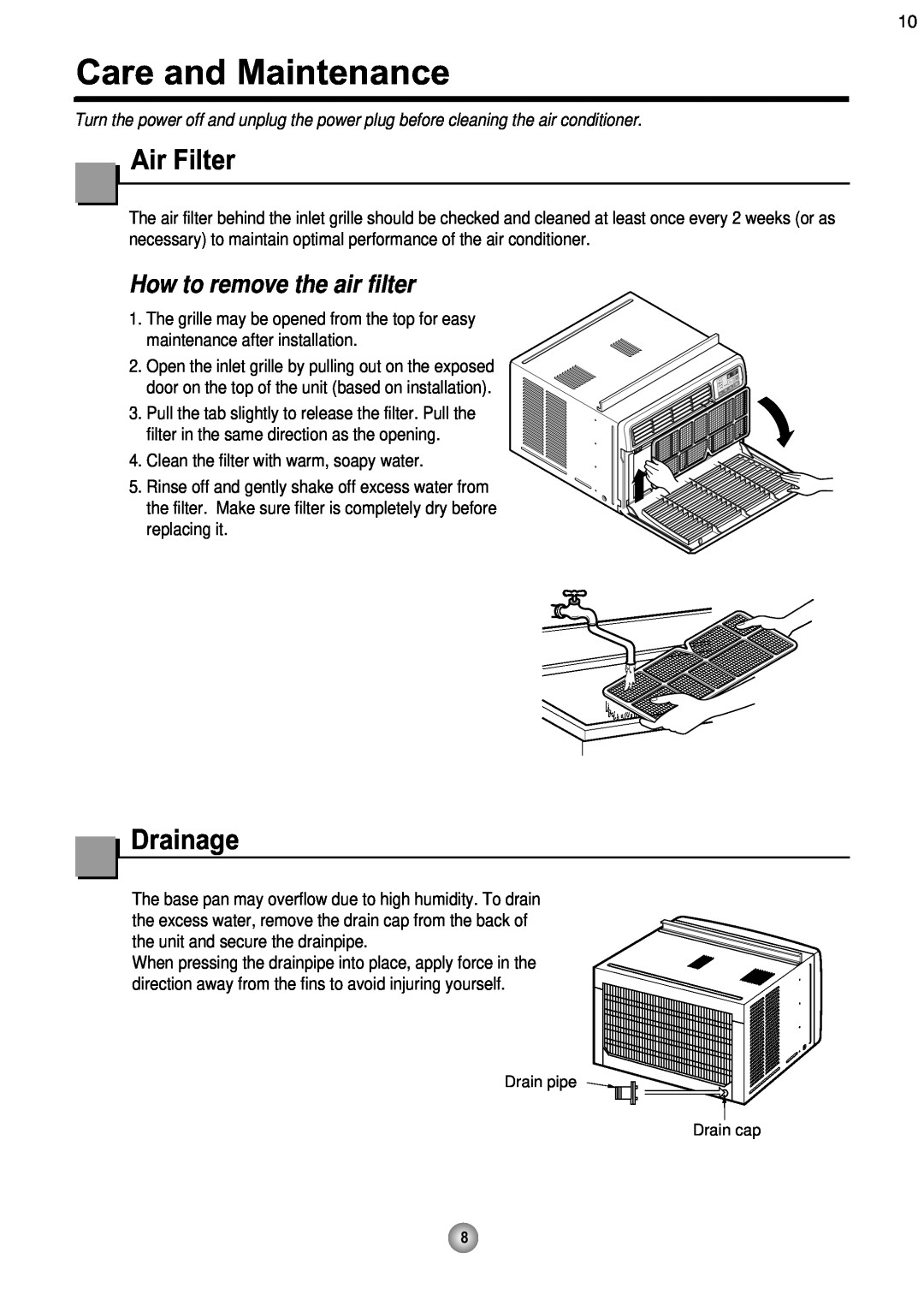 Friedrich CP08 operation manual Care and Maintenance, Air Filter, Drainage, How to remove the air filter 