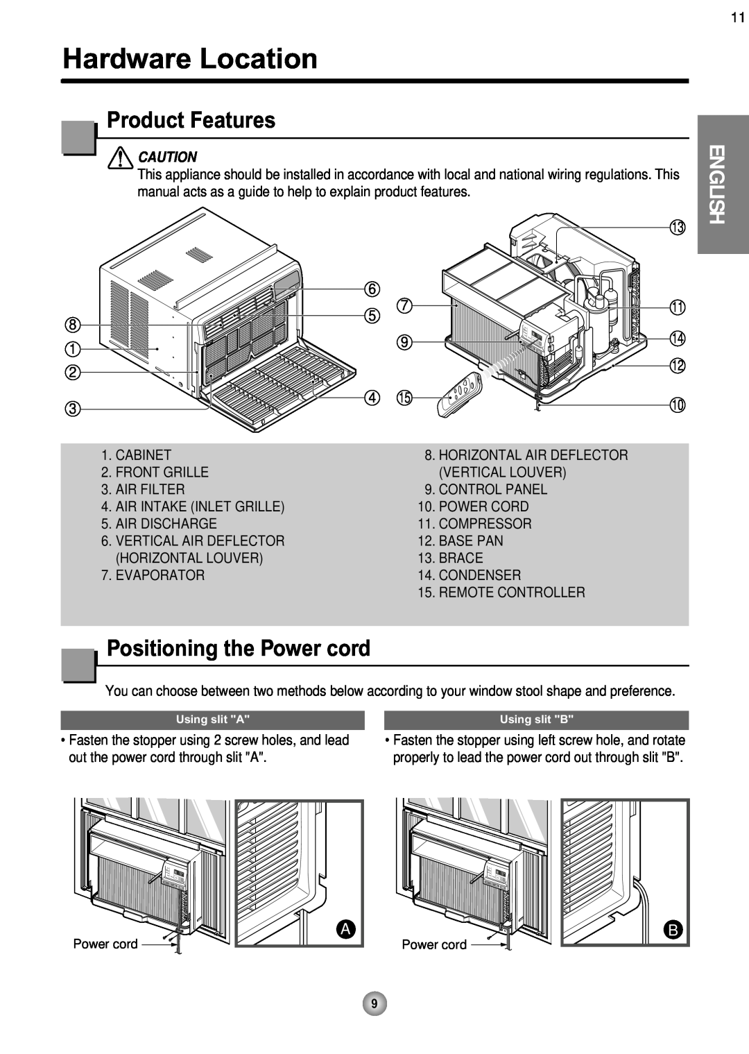 Friedrich CP08 operation manual Hardware Location, Product Features, Positioning the Power cord, English 