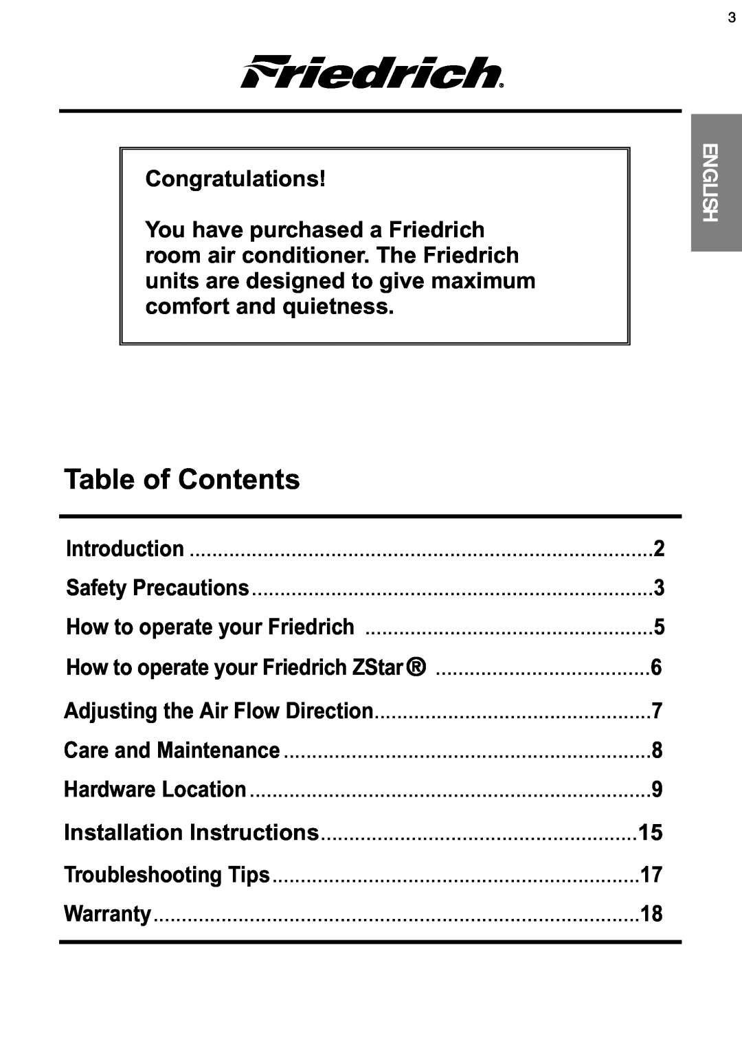 Friedrich CP08 operation manual Table of Contents 