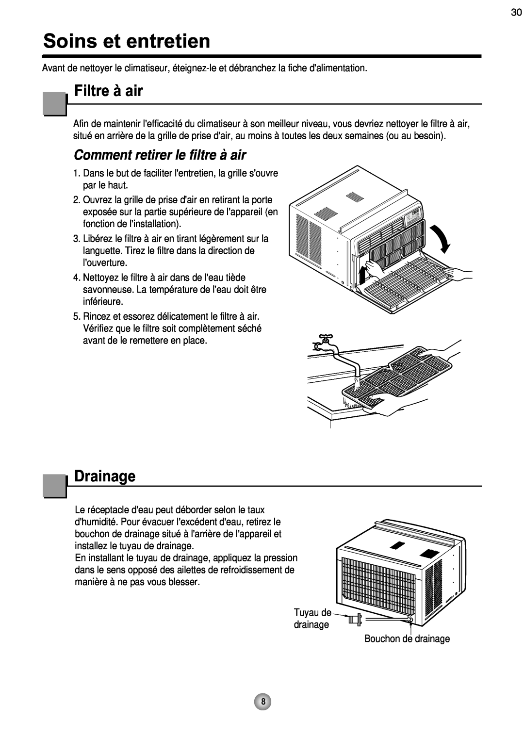 Friedrich CP08 operation manual Soins et entretien, Filtre à air, Drainage, Comment retirer le filtre à air 