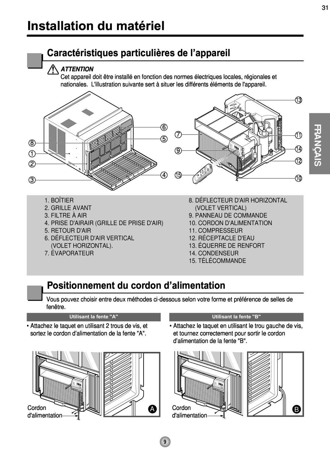 Friedrich CP08 operation manual Installation du matériel, Caractéristiques particulières de l’appareil, Français 